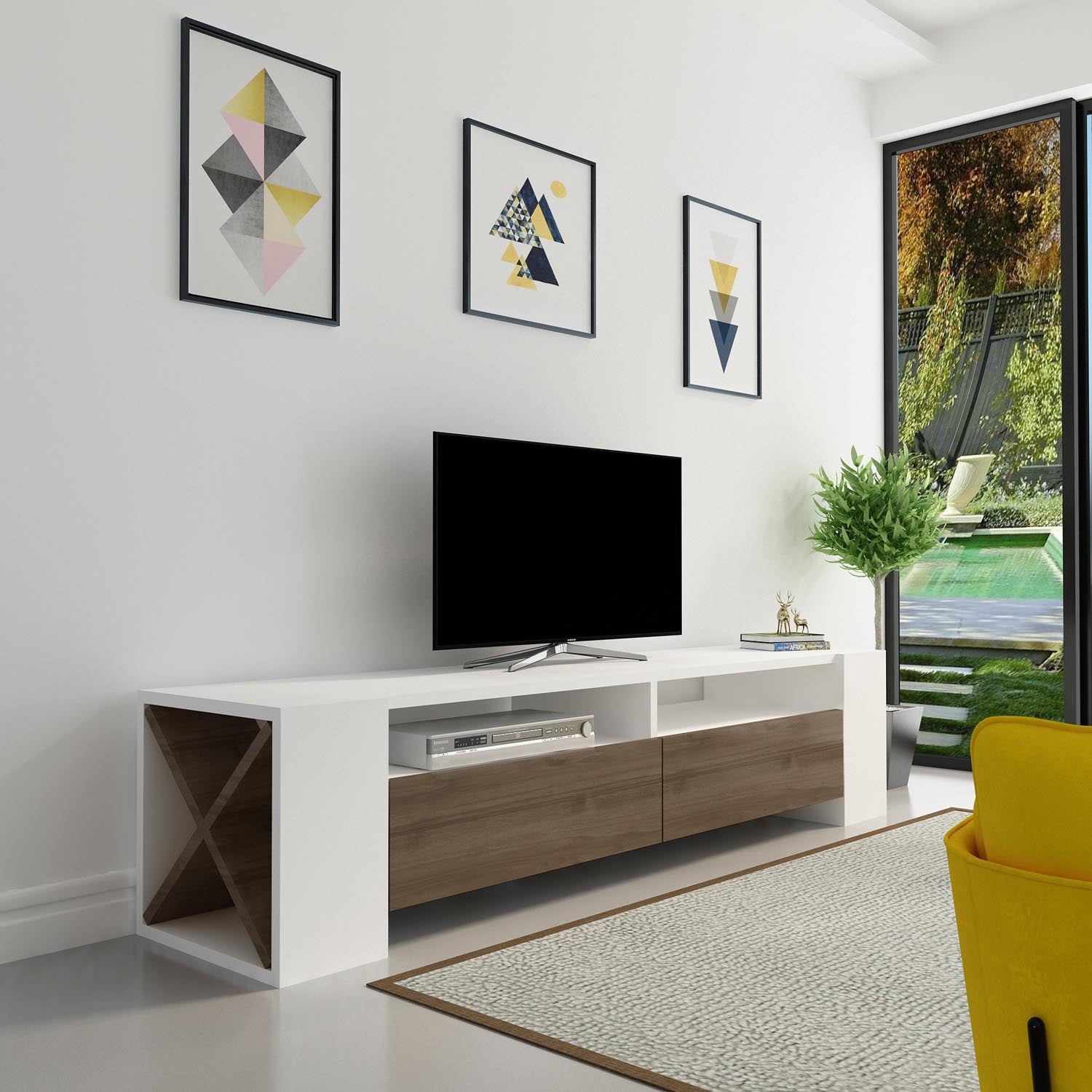 Verleihen Sie Ihrem Wohnraum mit dem Sosruko Sideboard in Walnuss Weiß von Hanah Home einen modernen Touch. Ideal für stilvolle Akzente und großzügigen Stauraum.