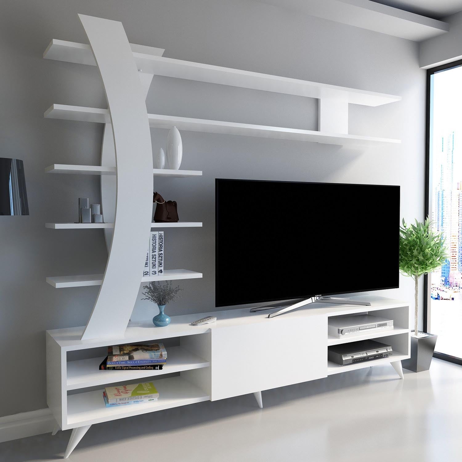 Entdecken Sie das elegante Duru TV-Möbel in Weiß von Hanah Home. Modernes Design, hochwertige Materialien und viel Stauraum für Ihr Wohnzimmer.