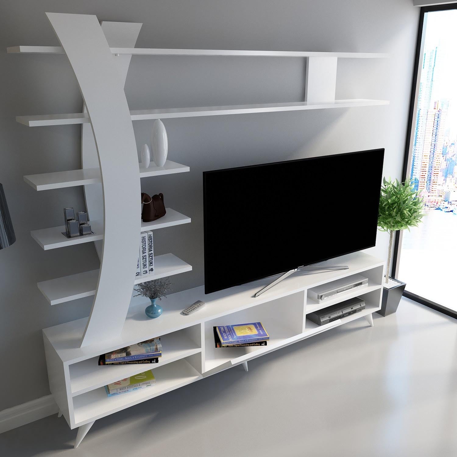Verleihen Sie Ihrem Wohnraum mit dem Duru TV-Möbel von Hanah Home in Weiß einen modernen Akzent. Stilvolles Design, langlebige Materialien und optimaler Stauraum für Ihre Medien.