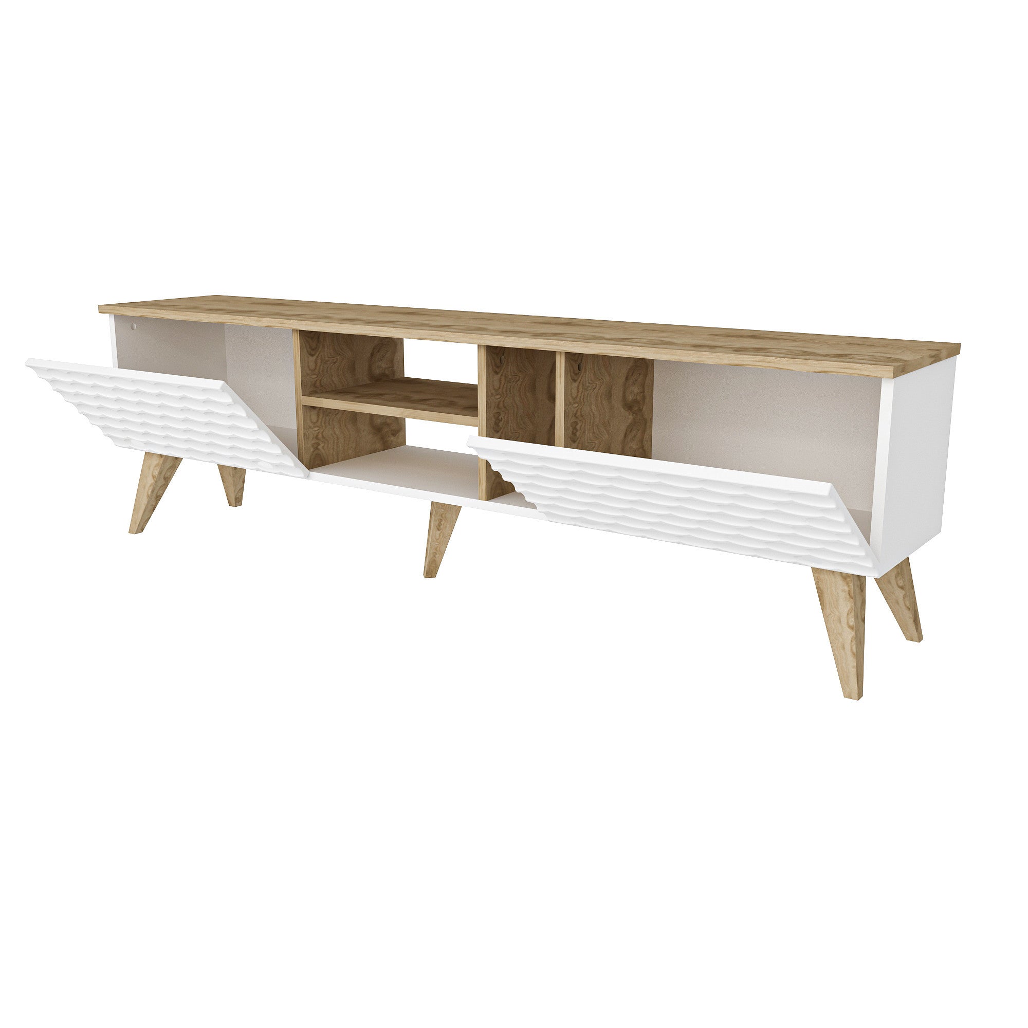 Verleihen Sie Ihrem Wohnraum mit dem Egg Sideboard von Hanah Home in Weiß und Walnuss einen modernen Touch. Ideal für stilvolle Akzente und optimalen Stauraum.
