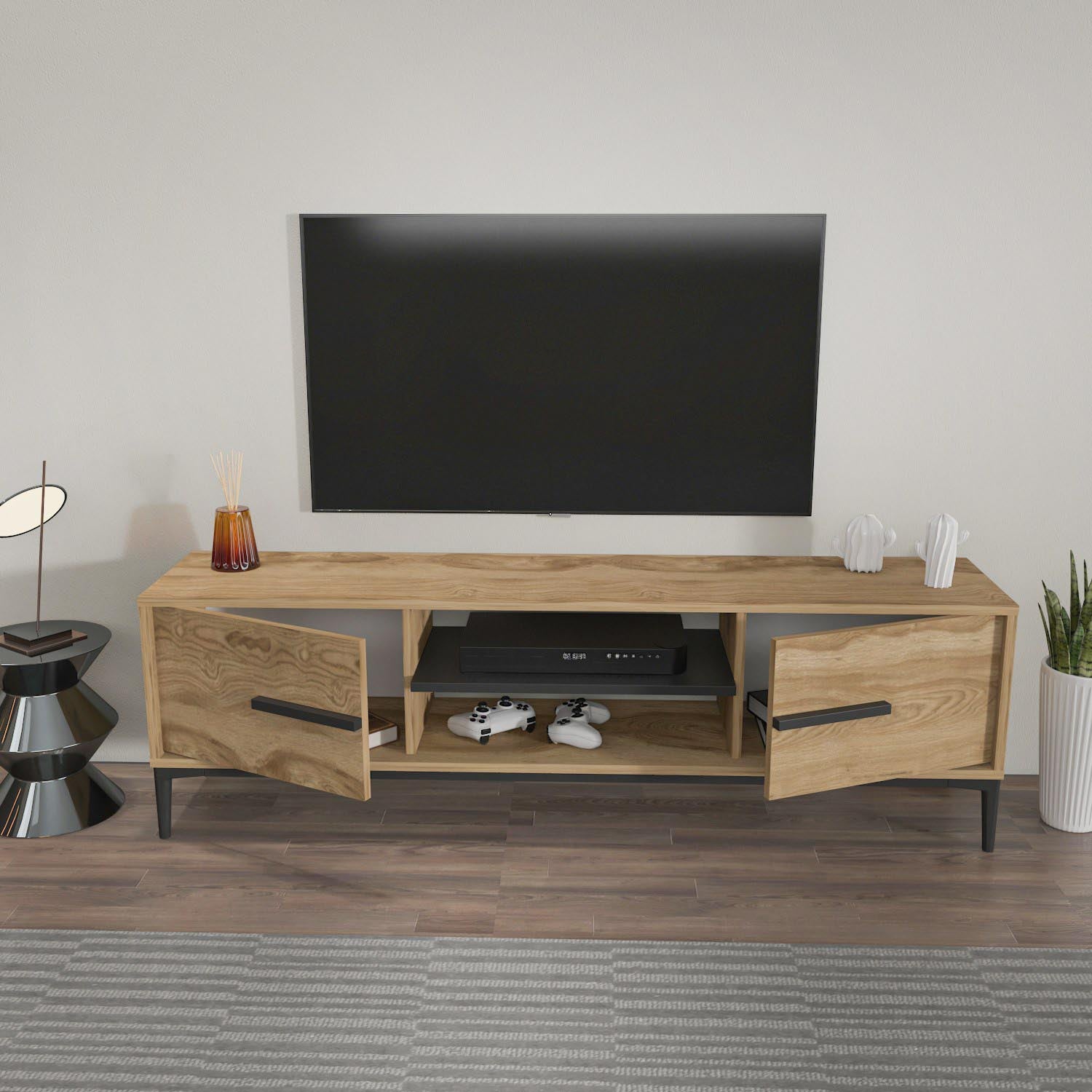 Gestalten Sie Ihr Zuhause stilvoll mit dem Eslem Sideboard in Eiche Schwarz von Hanah Home – ideal für eleganten Stauraum und modernes Design.