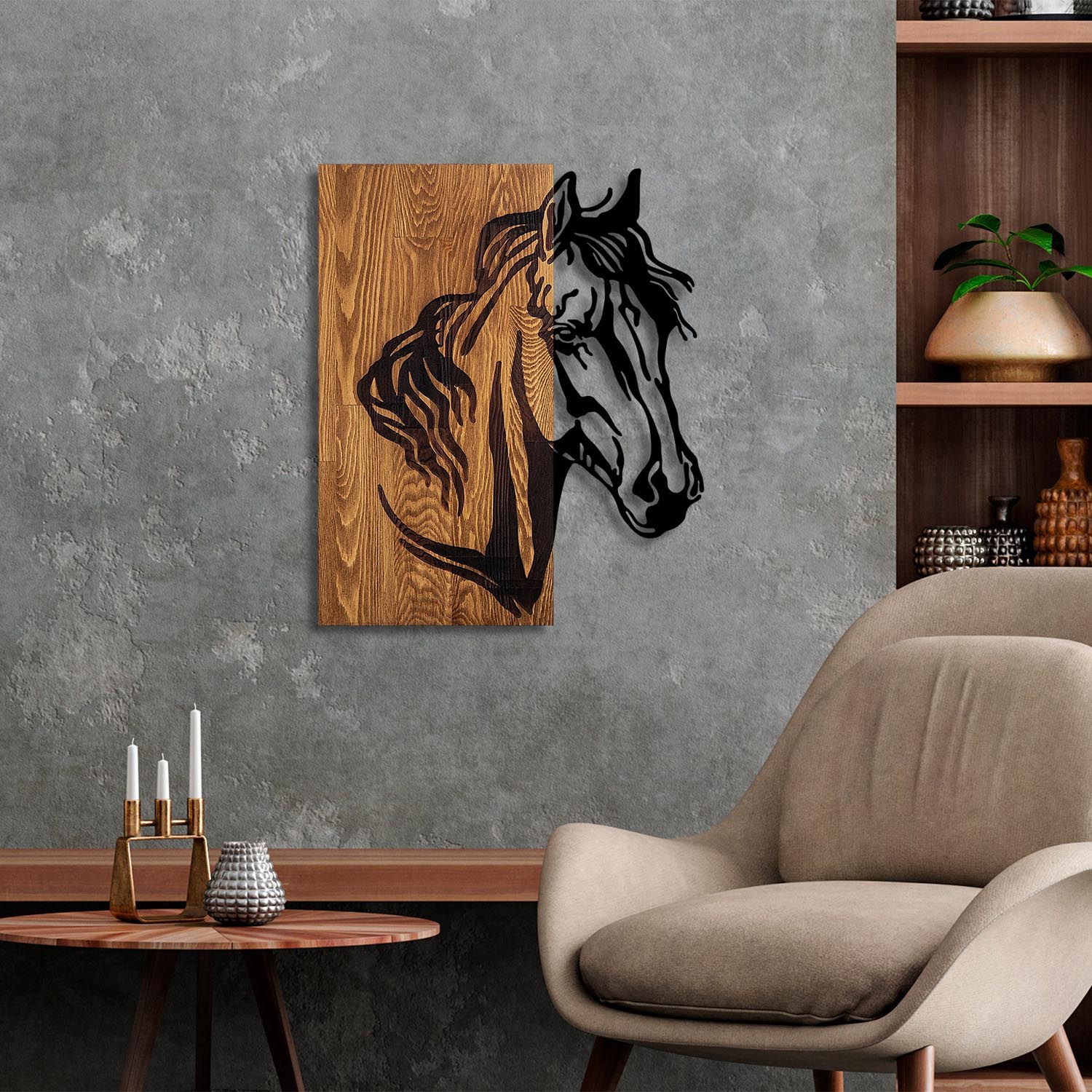Verleihen Sie Ihrem Zuhause mit der Horse 1 Wanddeko in Walnuss Schwarz von Wallity einen Hauch von Eleganz und Stil. Ein einzigartiges Holz-Accessoire für jeden Raum.