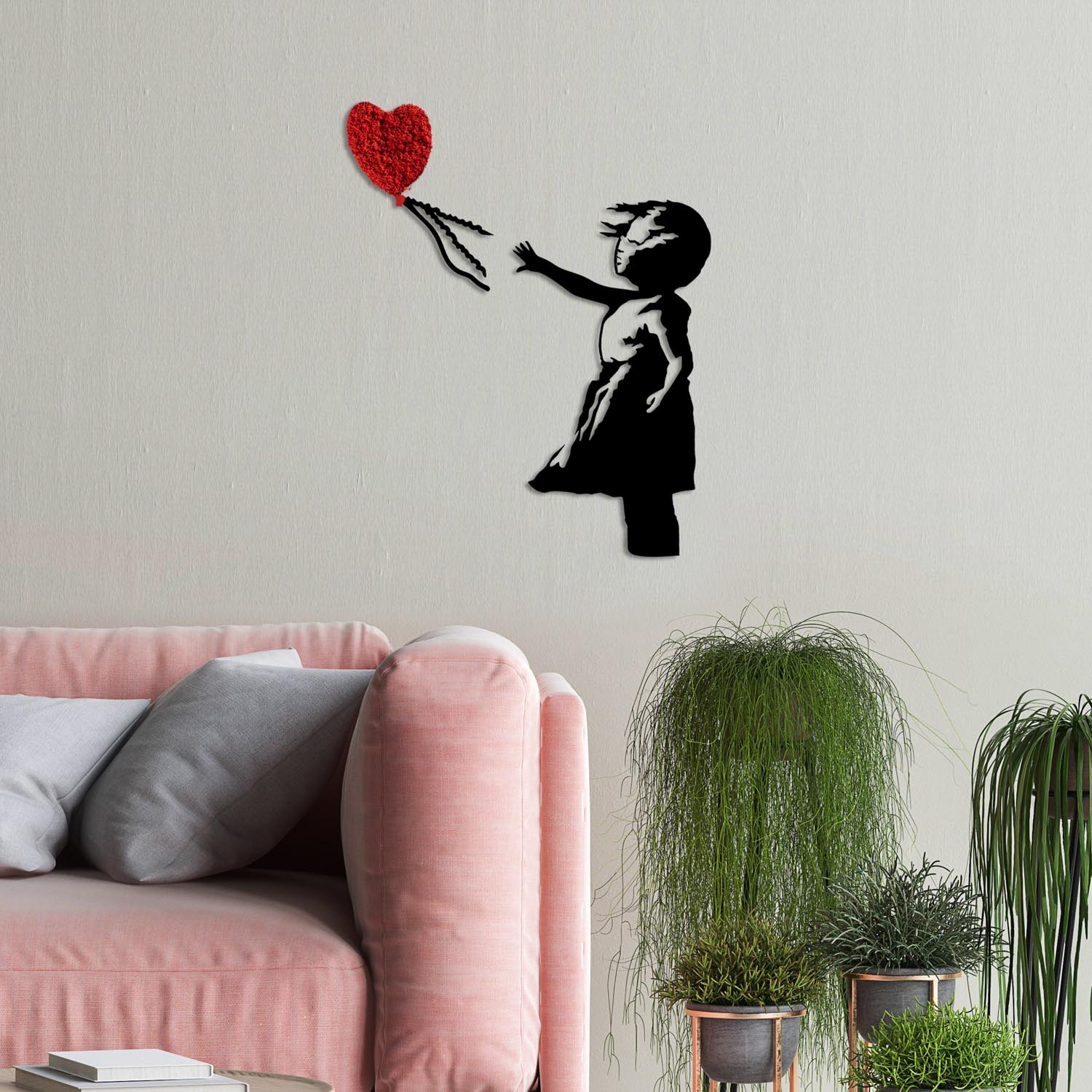 Entdecken Sie die fesselnde Banksy Wanddeko in Rot Schwarz von Wallity. Ein handgefertigtes Meisterwerk, das jeden Raum stilvoll verwandelt.