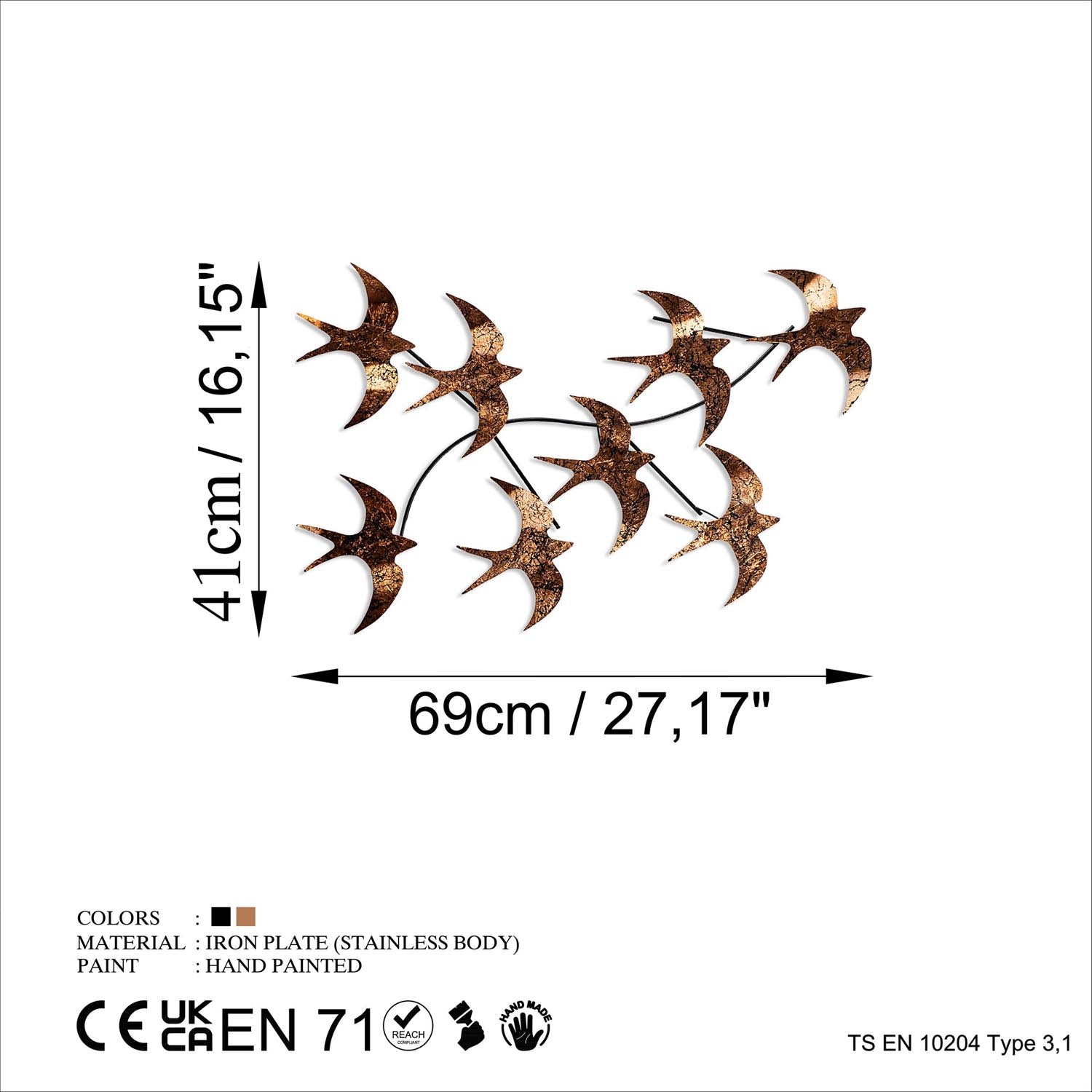 Entdecken Sie die handgefertigte Wanddeko "Flying Birds 3" von Wallity – ein einzigartiges Metallkunstwerk, das jeden Raum stilvoll aufwertet!