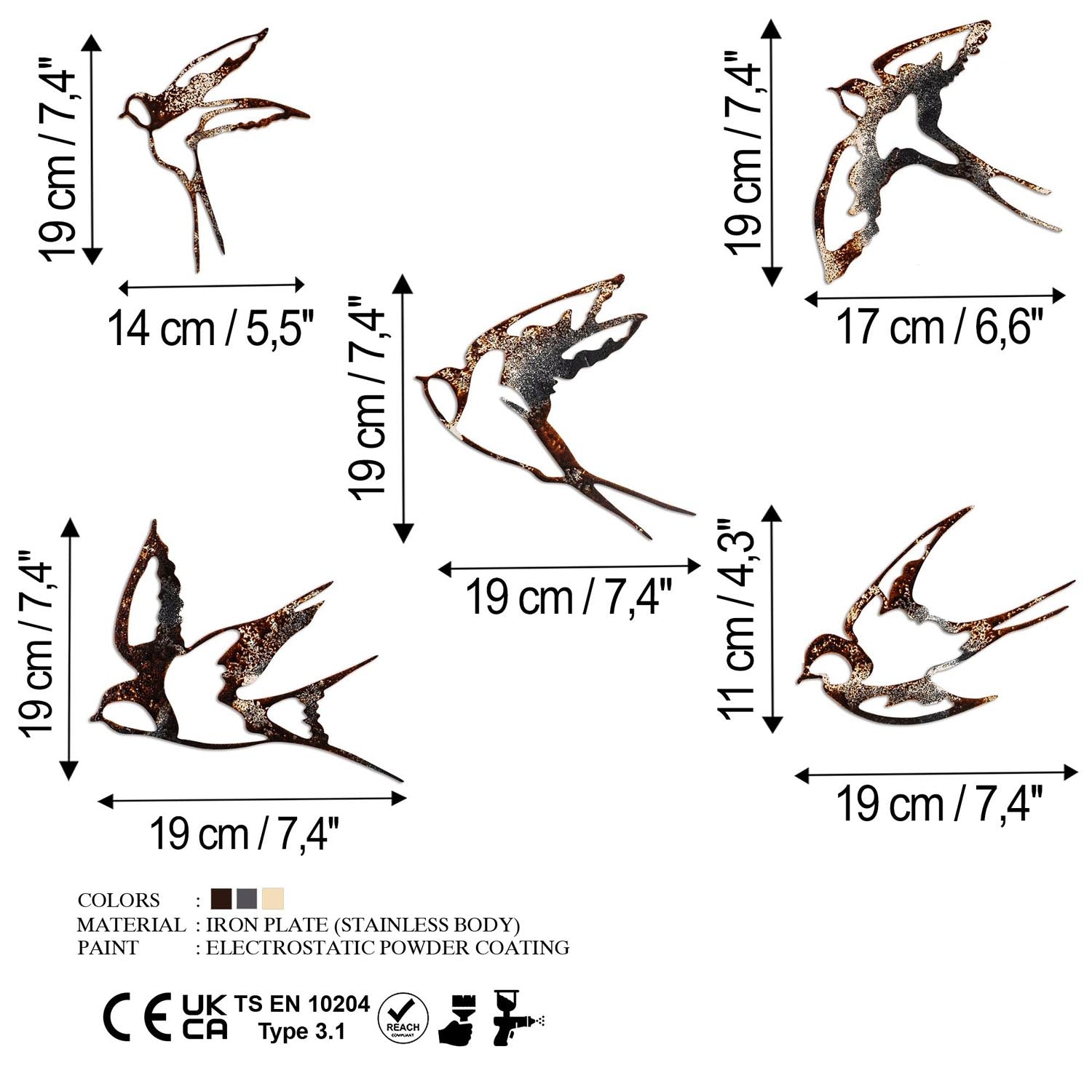 Entdecken Sie die mehrfarbige Birds Wanddeko von Wallity – ein handgefertigtes Metallkunstwerk, das Eleganz und Individualität in jeden Raum bringt.