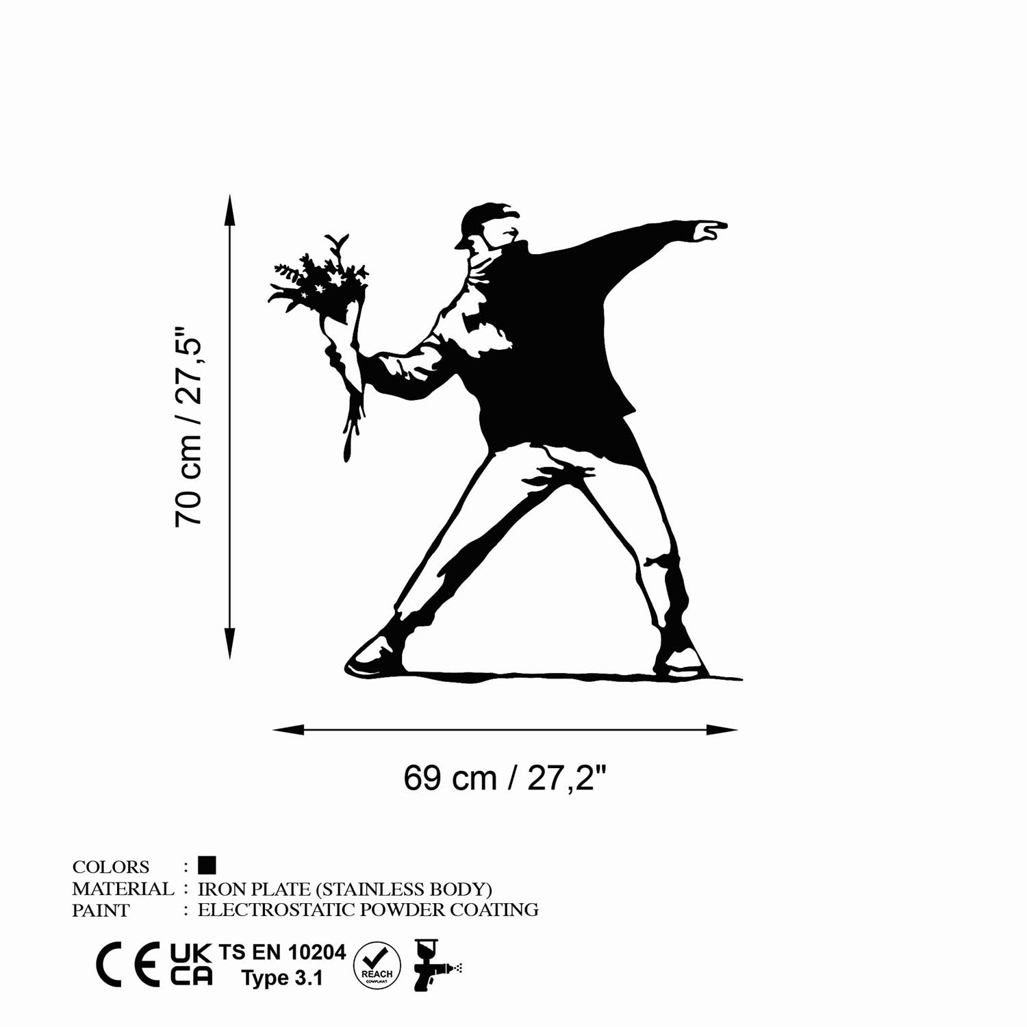 Verleihen Sie Ihrem Raum mit der Banksy Metal 01 Wanddeko von Wallity einen Hauch von Eleganz. Dieses schwarze Metallkunstwerk ist robust und stilvoll.