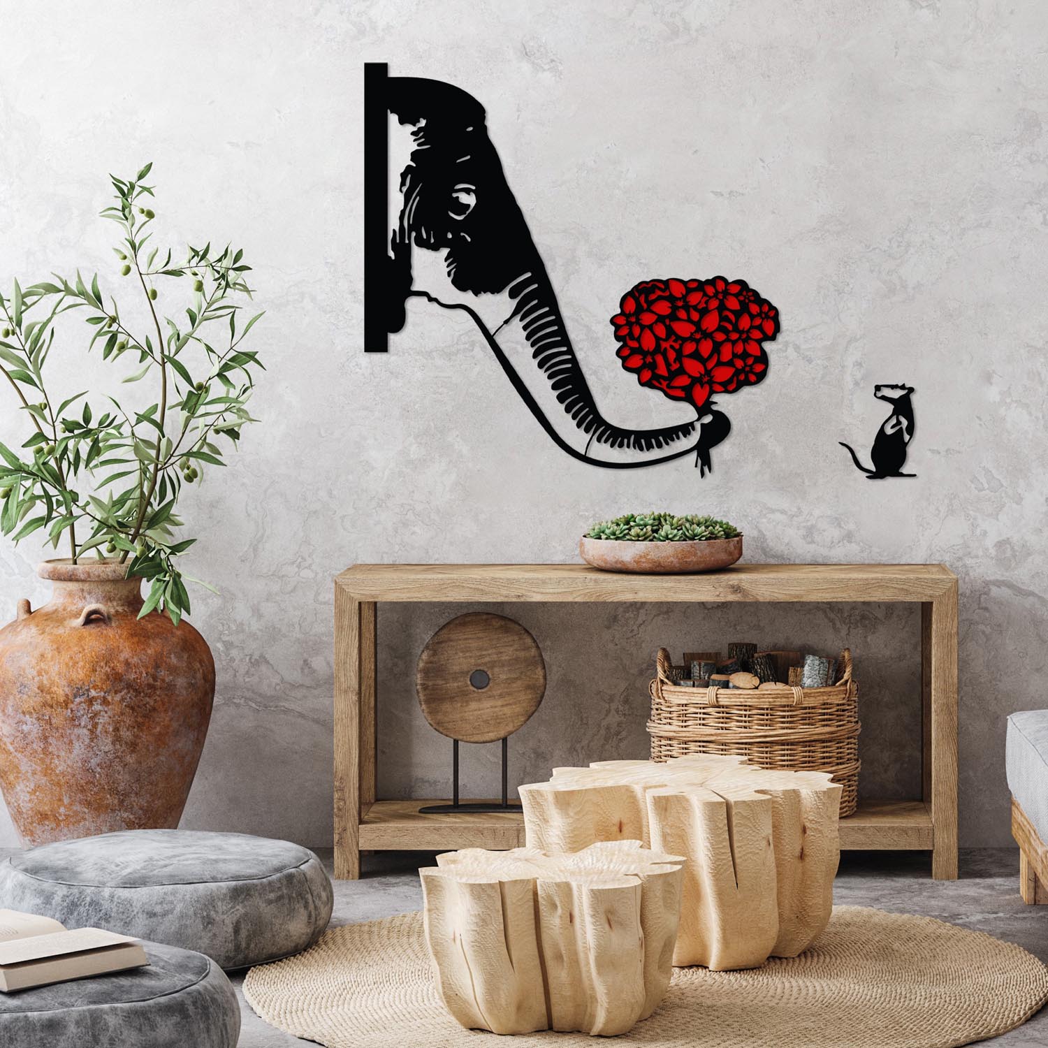 Verleihen Sie Ihrem Zuhause mit der Banksy Metal 04 Wanddeko von Wallity in Schwarz-Rot einen Hauch von Kunst und Stil. Ein zeitloses Deko-Highlight!