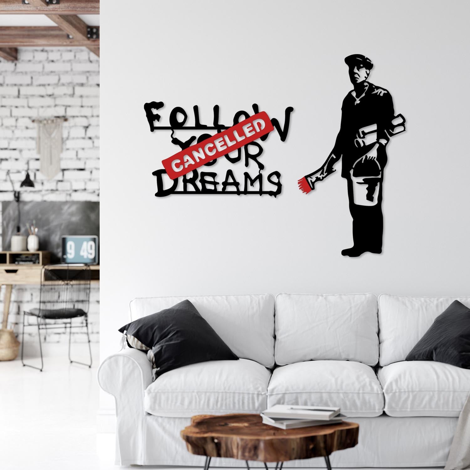 Entdecken Sie die Banksy Metal 06 Wanddeko von Wallity – ein elegantes, langlebiges Kunstwerk in Weiß-Rot, das jeden Raum aufwertet!