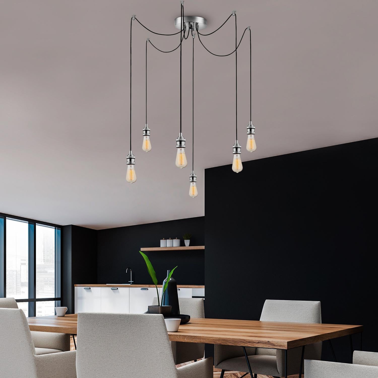 Erleben Sie die Kabluni Pendelleuchte von Opviq in edlem Chrom. Ein zeitloses Design, das jeden Raum erhellt und stilvoll aufwertet.