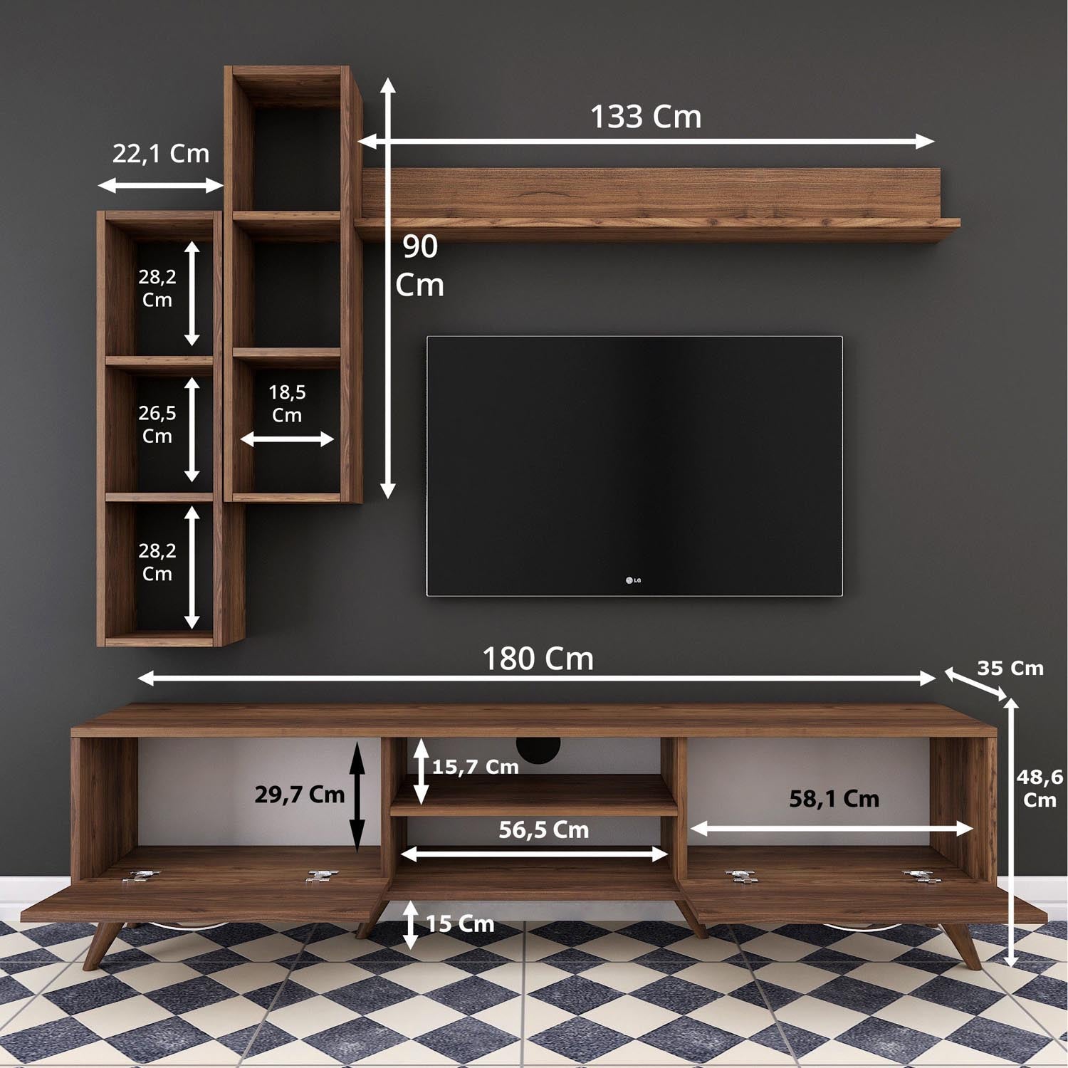 Entdecken Sie das M16 TV-Möbel von Hanah Home in stilvollem Walnuss. Robuste Bauweise, elegantes Design und vielseitige Ablagemöglichkeiten für Ihr Zuhause!