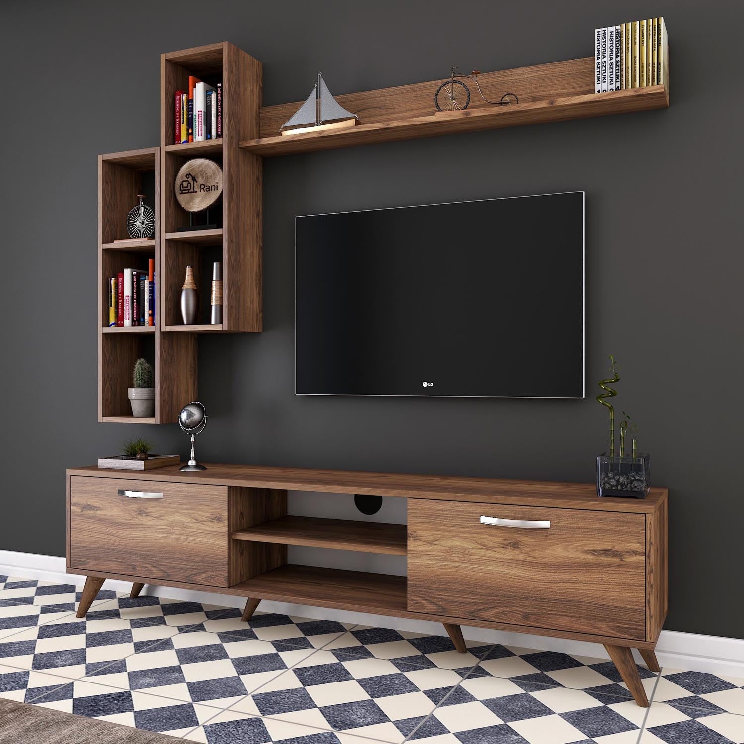 Entdecken Sie das elegante M16 TV-Möbel in Walnuss von Hanah Home. Stilvolles Design, robust und vielseitig – ideal für jedes Zuhause!