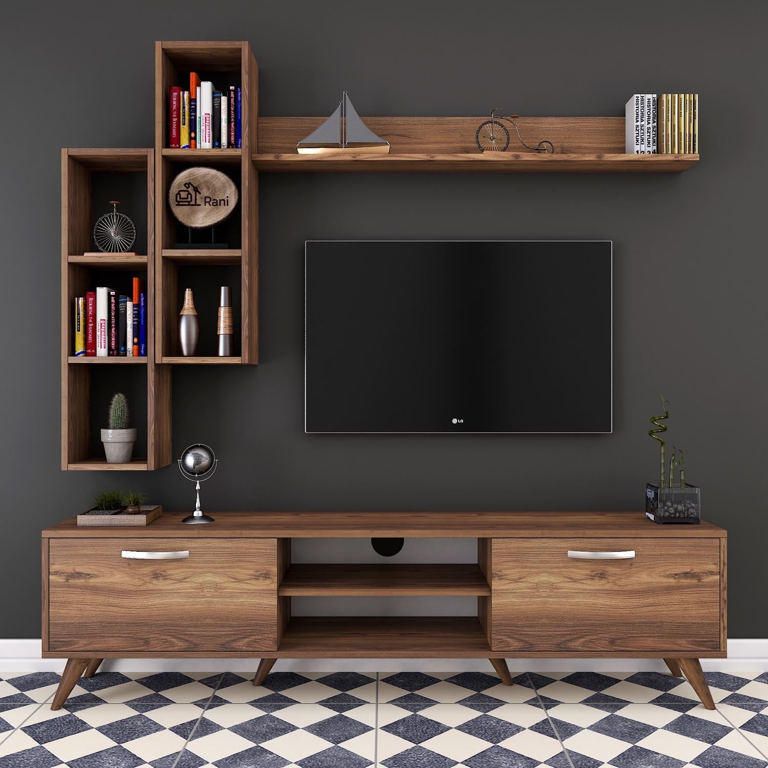 Entdecken Sie das M16 TV-Möbel in stilvollem Walnuss von Hanah Home. Elegantes Design, robuste Materialien und vielseitiger Stauraum für Ihr Zuhause!
