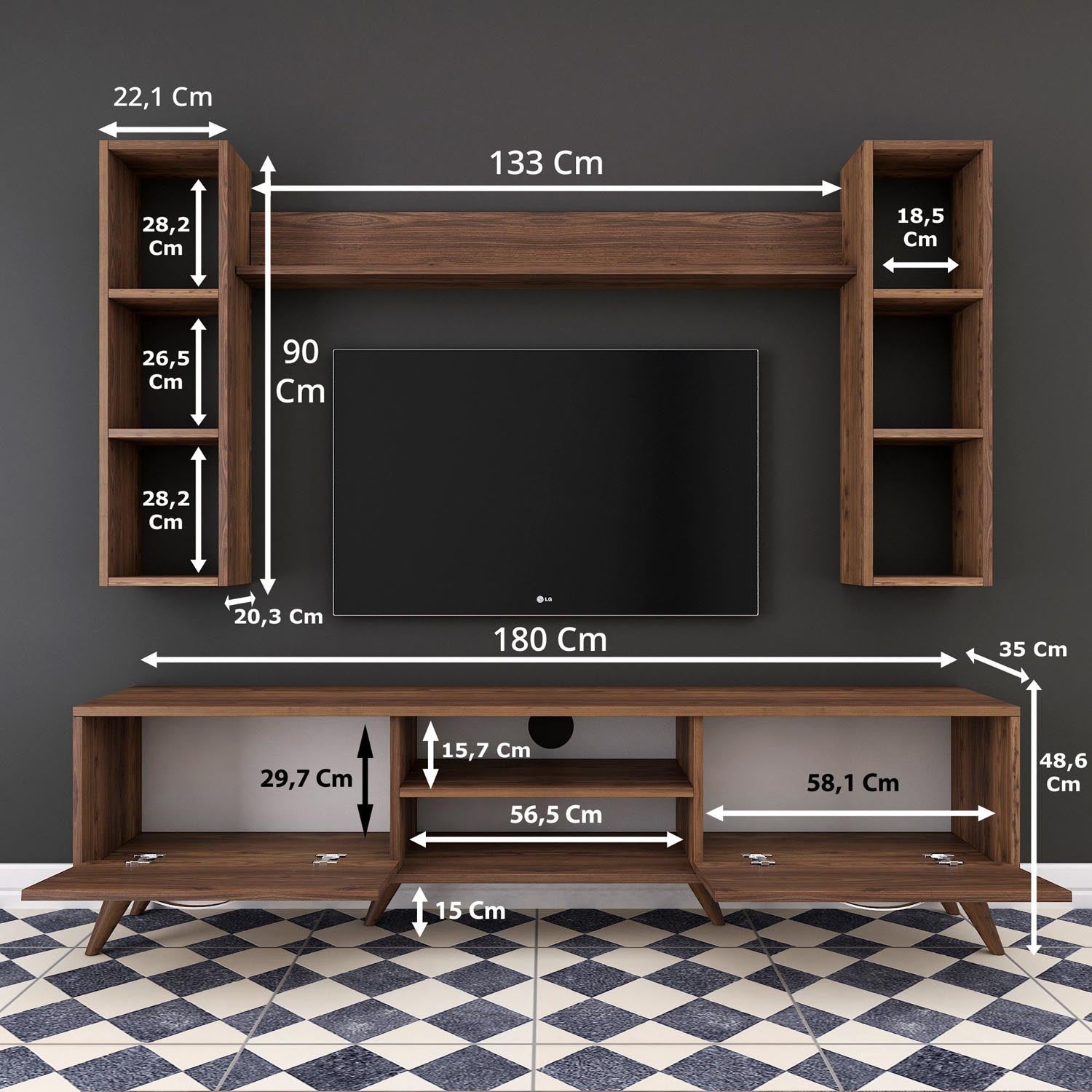 Entdecken Sie das M5 TV-Möbel in Walnuss von Hanah Home – ein stilvolles Möbelstück, das Funktionalität und modernes Design vereint. Perfekt für Ihr Zuhause!