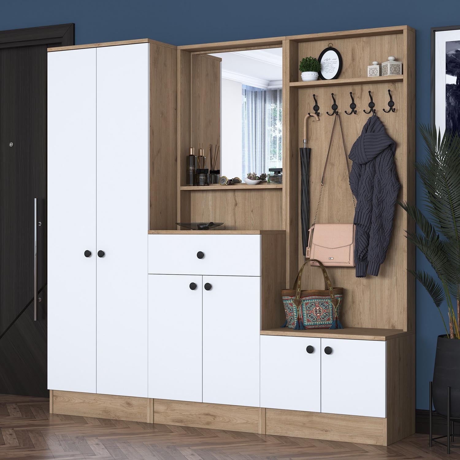 Verleihen Sie Ihrem Eingangsbereich mit der P6 Garderobe von Hanah Home in Weiß und Walnuss einen Hauch von Eleganz und Funktionalität.