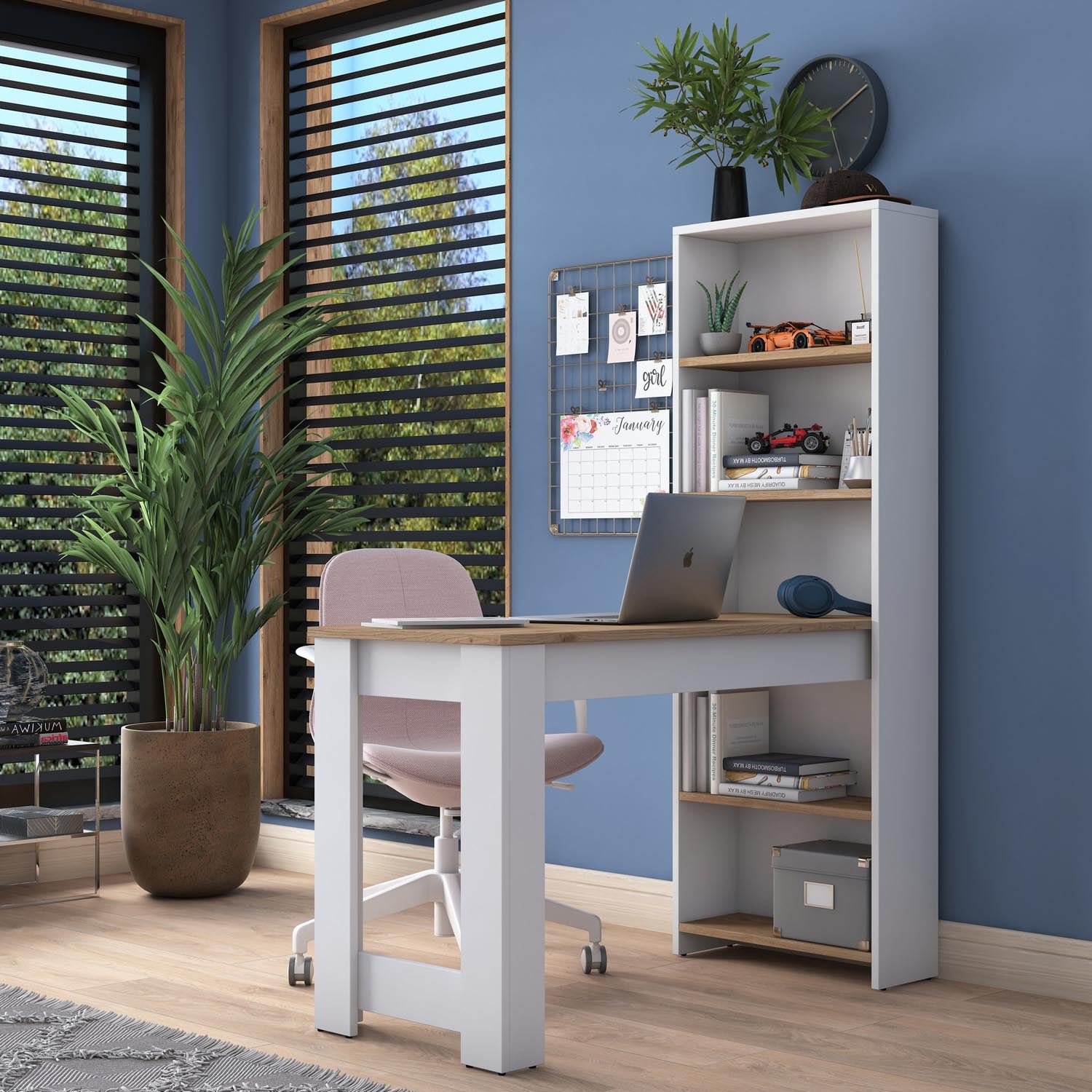 Gestalten Sie Ihren Arbeitsbereich mit dem HA106 Schreibtisch von Hanah Home. Hochwertig, platzsparend und elegant in Weiß und Walnuss.