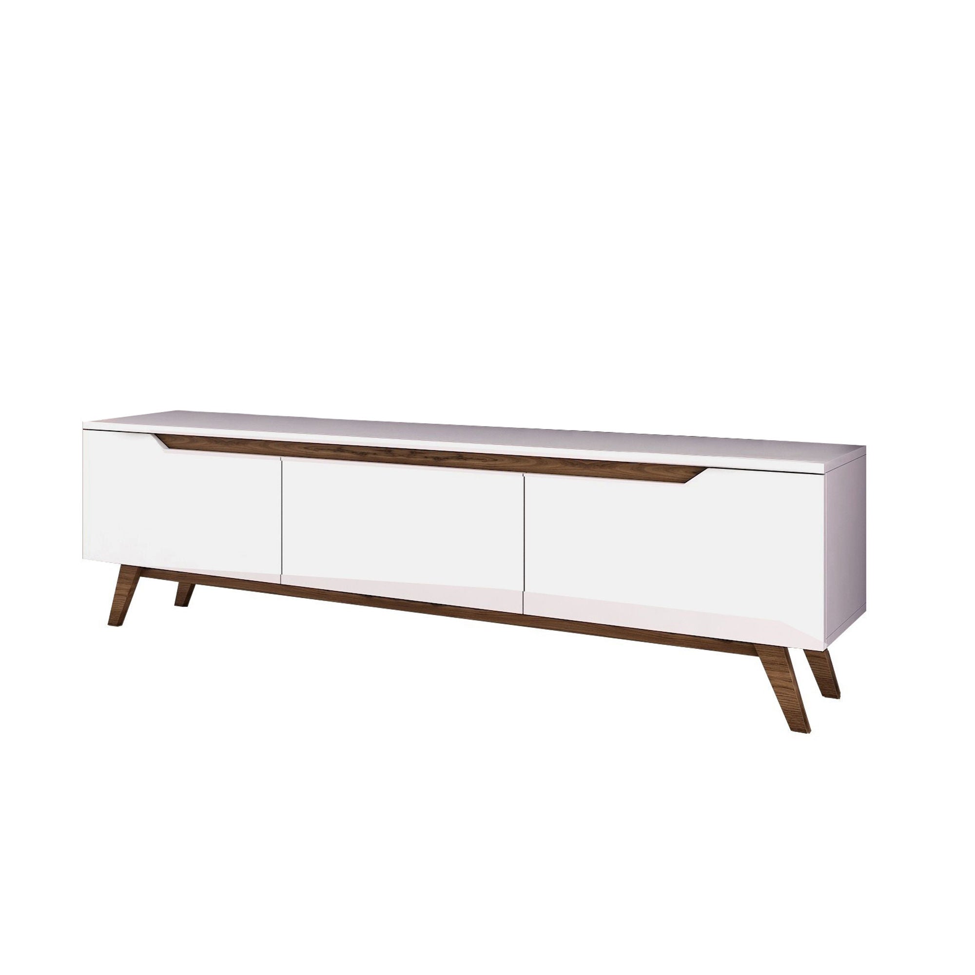 Verleihen Sie Ihrem Wohnraum mit dem D1 Sideboard von Hanah Home einen modernen Touch. Stilvolles Design in Weiß und Walnuss, ideal für Ordnung und Eleganz.