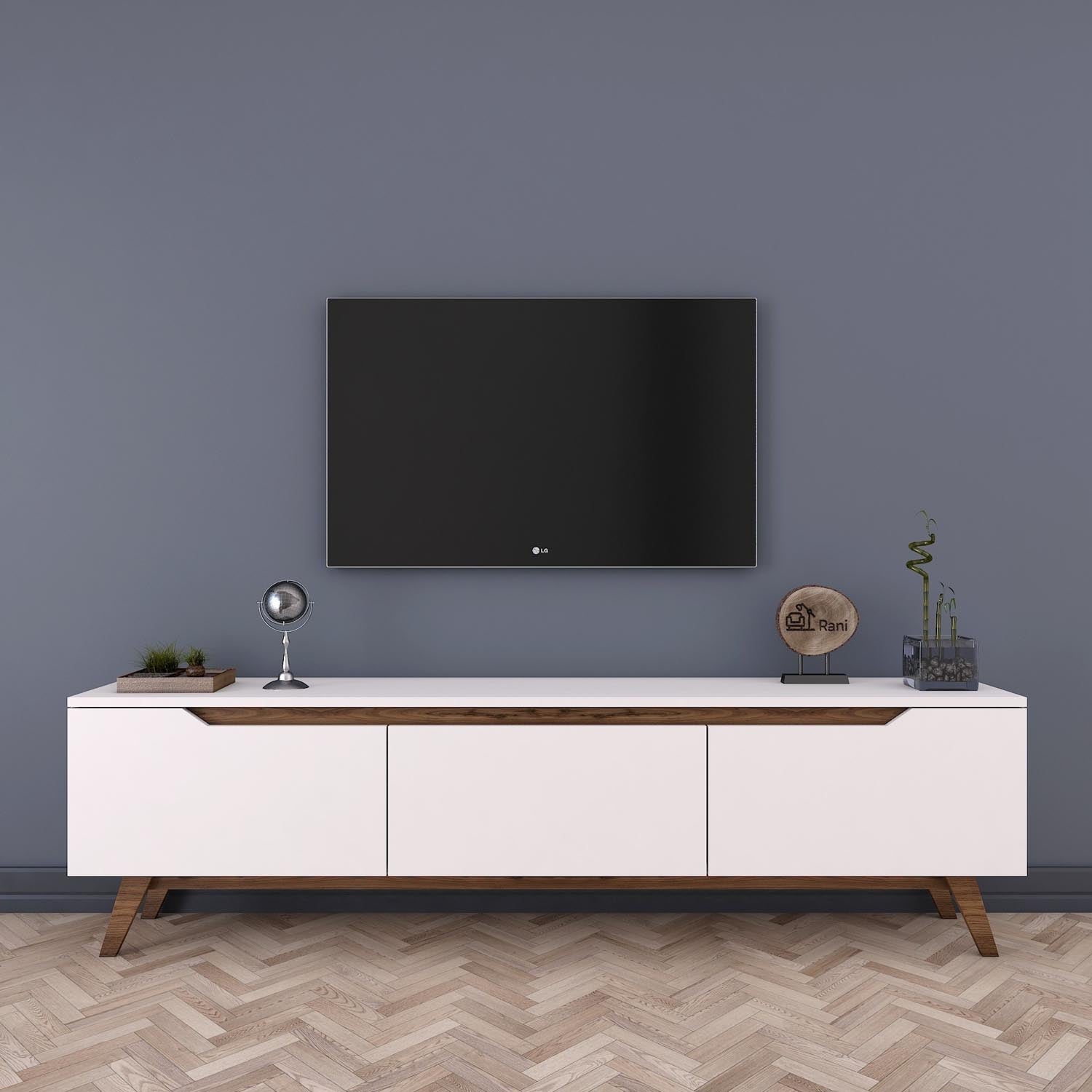 Gestalten Sie Ihr Zuhause mit dem D1 Sideboard von Hanah Home. Modernes Design in Weiß und Walnuss, ideal für stilvolle Ordnung und Eleganz.