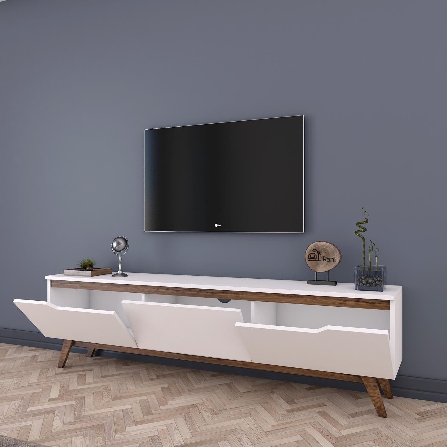 Verleihen Sie Ihrem Wohnraum mit dem D1 Sideboard von Hanah Home einen modernen Akzent. Elegante Kombination aus Weiß und Walnuss für stilvolle Aufbewahrung.