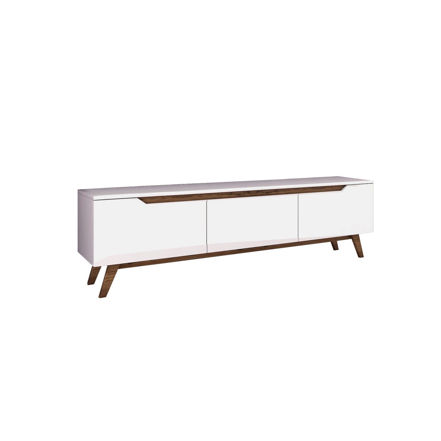 Verleihen Sie Ihrem Wohnraum mit dem D1 Sideboard von Hanah Home einen modernen Akzent. Elegante Kombination aus Weiß und Walnuss, ideal für stilvollen Stauraum.