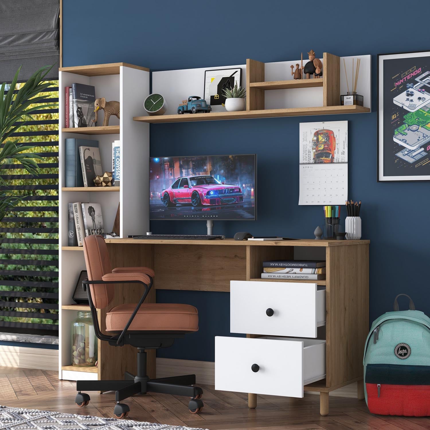 Gestalten Sie Ihren Arbeitsplatz neu mit dem stilvollen HA115 Schreibtisch von Hanah Home. Robuste Bauweise in Walnuss und Weiß für kreatives Arbeiten.