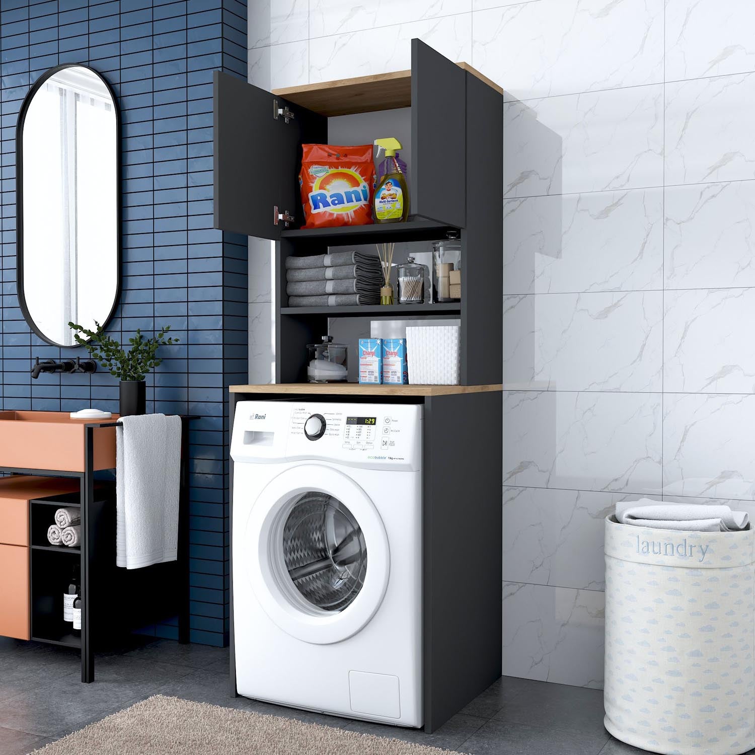 Verleihen Sie Ihrer Waschküche mit dem KD101 Standregal in Walnuss und Anthrazit von Hanah Home einen modernen Akzent. Ideal für stilvolle Ordnung!