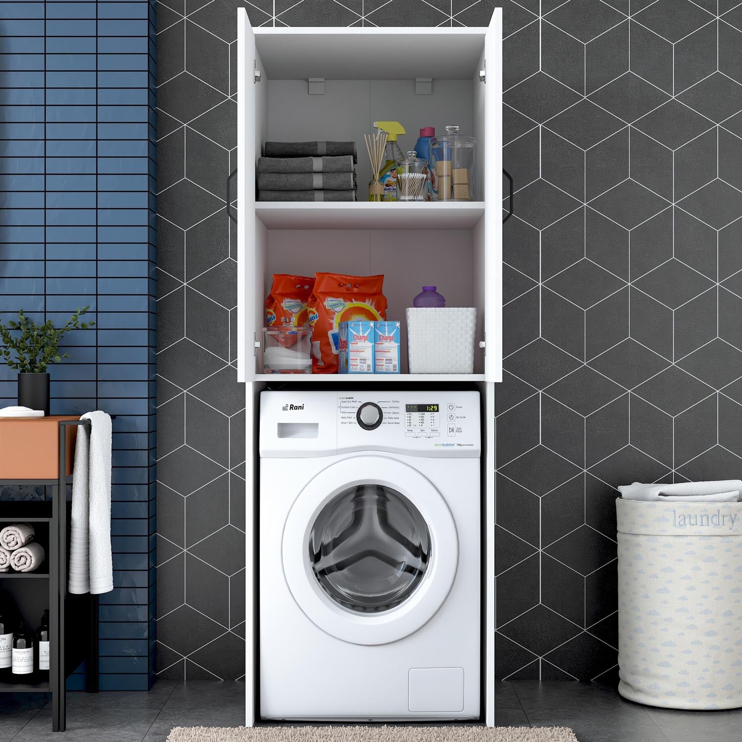 Gestalten Sie Ihre Waschküche neu mit dem KD110 Standregal von Hanah Home in elegantem Weiß – ideal für stilvolle Organisation und maximalen Stauraum.