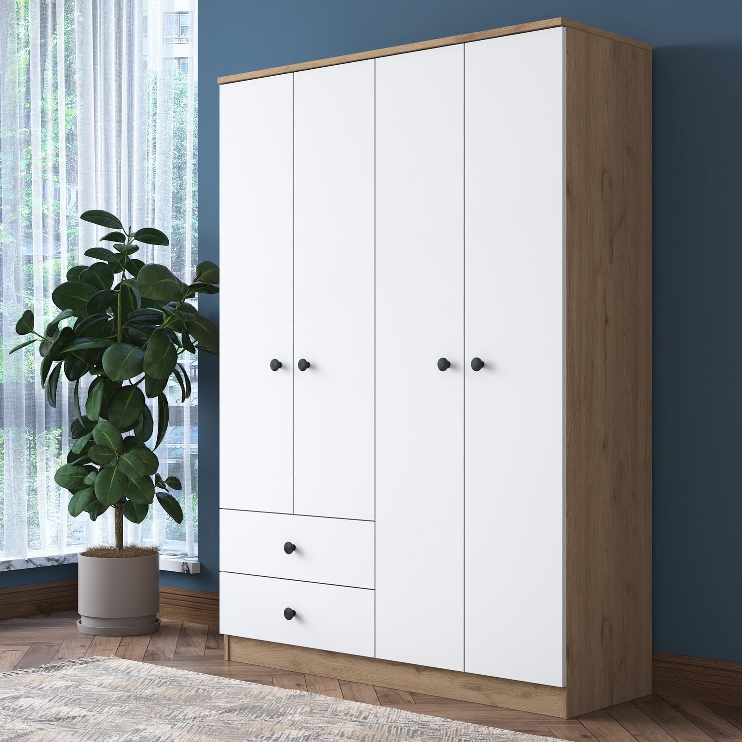 Entdecken Sie die stilvolle BA108 Garderobe in Walnuss und Weiß von Hanah Home. Perfekte Kombination aus skandinavischem Design und Funktionalität.