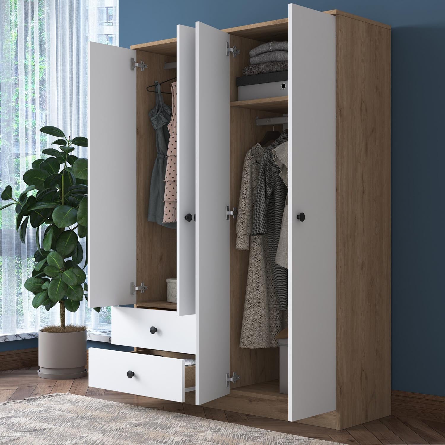 Gestalten Sie Ihr Schlafzimmer stilvoll mit der BA108 Garderobe von Hanah Home. Walnuss und Weiß vereinen Eleganz und Funktionalität.