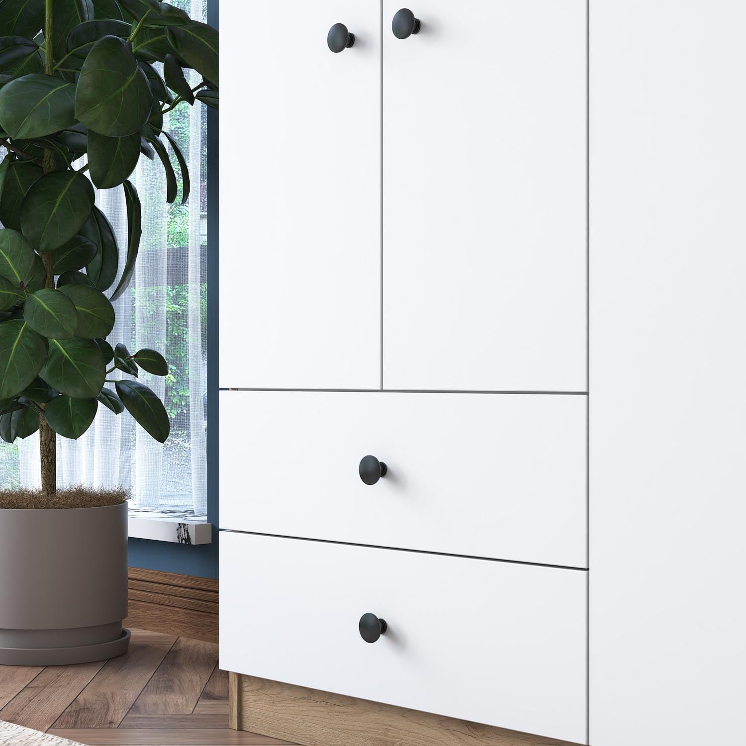 Verleihen Sie Ihrem Raum mit der BA108 Garderobe von Hanah Home einen Hauch skandinavischer Eleganz. Walnuss und Weiß schaffen eine harmonische Atmosphäre.