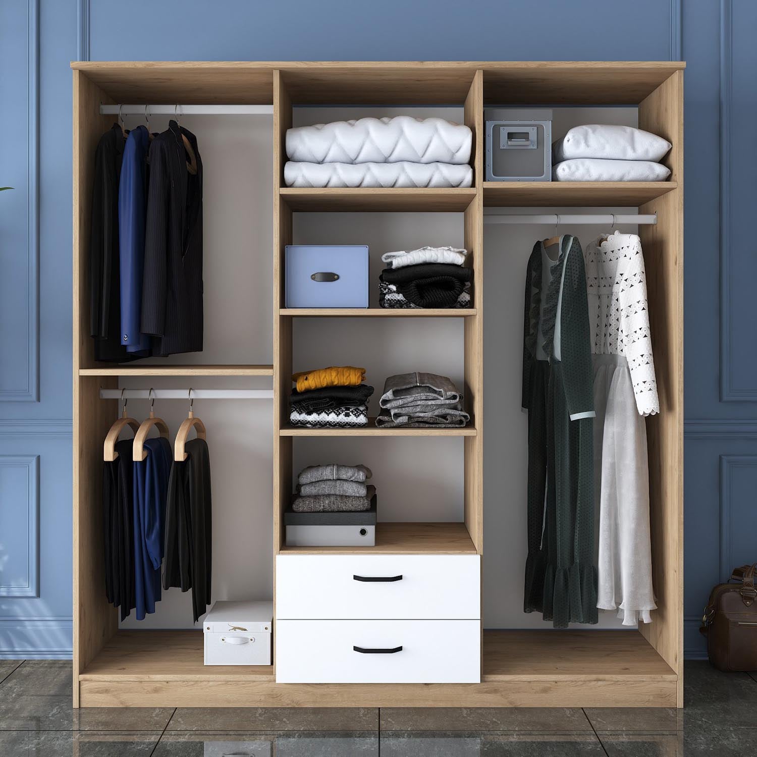 Entdecken Sie die BA115 Garderobe von Hanah Home: Stilvolles Walnuss- und Weißdesign vereint mit großzügigem Stauraum für Ihre Kleidung.