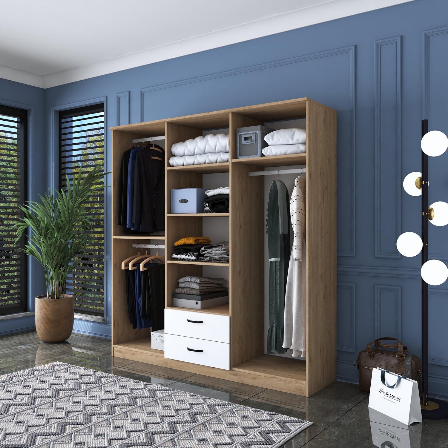 Erleben Sie die BA115 Garderobe von Hanah Home: Elegantes Walnuss- und Weißdesign trifft auf durchdachte Stauraumlösungen für Ihr Zuhause.