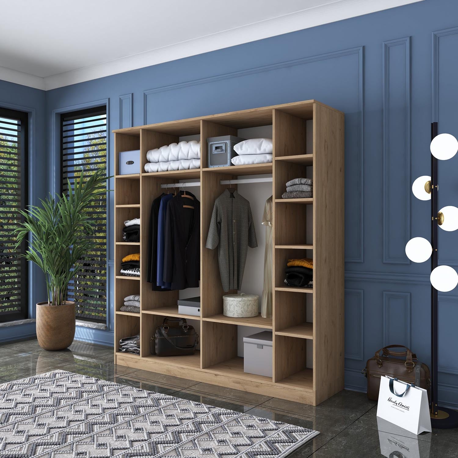 Gestalten Sie Ihr Schlafzimmer stilvoll mit der BA114 Garderobe von Hanah Home in Walnuss und Weiß – ideal für Ordnung und Eleganz!