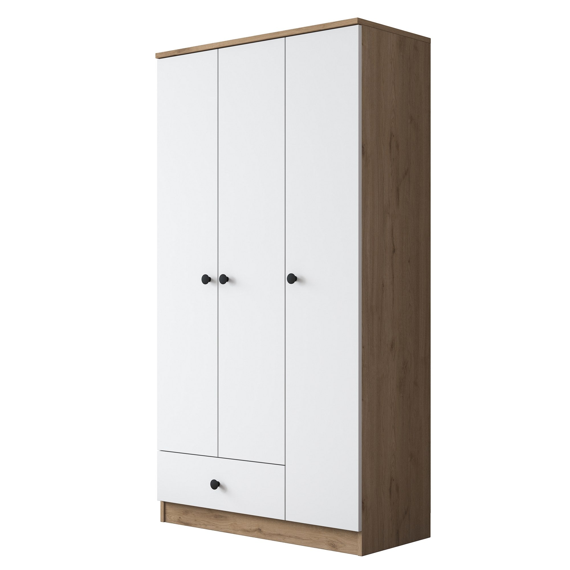 Gestalten Sie Ihr Schlafzimmer stilvoll mit der BA117 Garderobe von Hanah Home. Skandinavisches Design in Walnuss und Weiß für perfekten Stauraum!