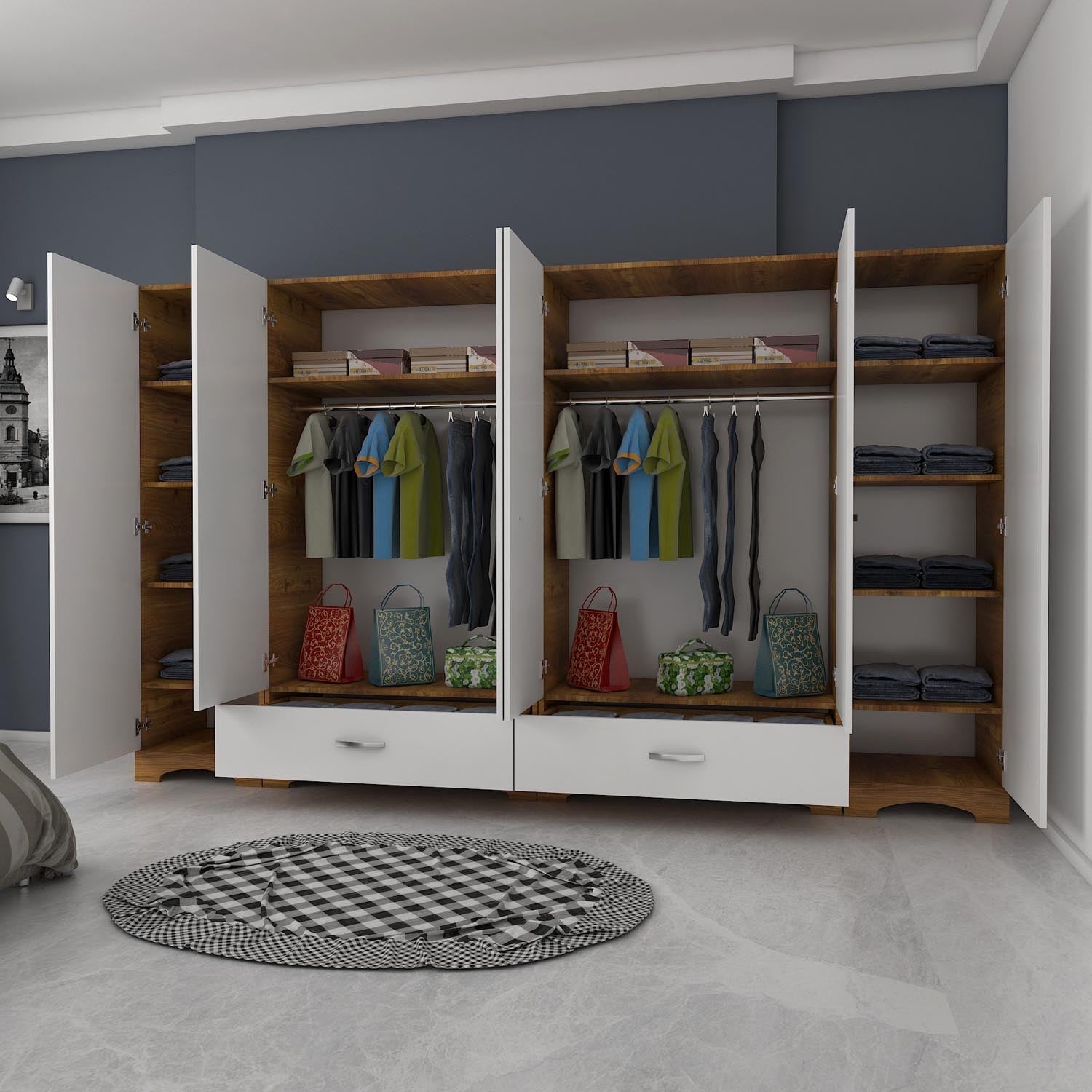 Entdecken Sie die stilvolle F4 Garderobe von Hanah Home in Weiß und Walnuss – der perfekte Schrank für Ordnung und Eleganz in Ihrem Zuhause.