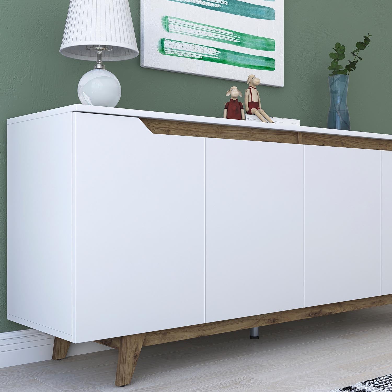 Erleben Sie das GD102 High-Sideboard von Hanah Home: Modernes Design in Weiß und Walnuss, ideal für eleganten Stauraum und stilvolle Wohnräume.