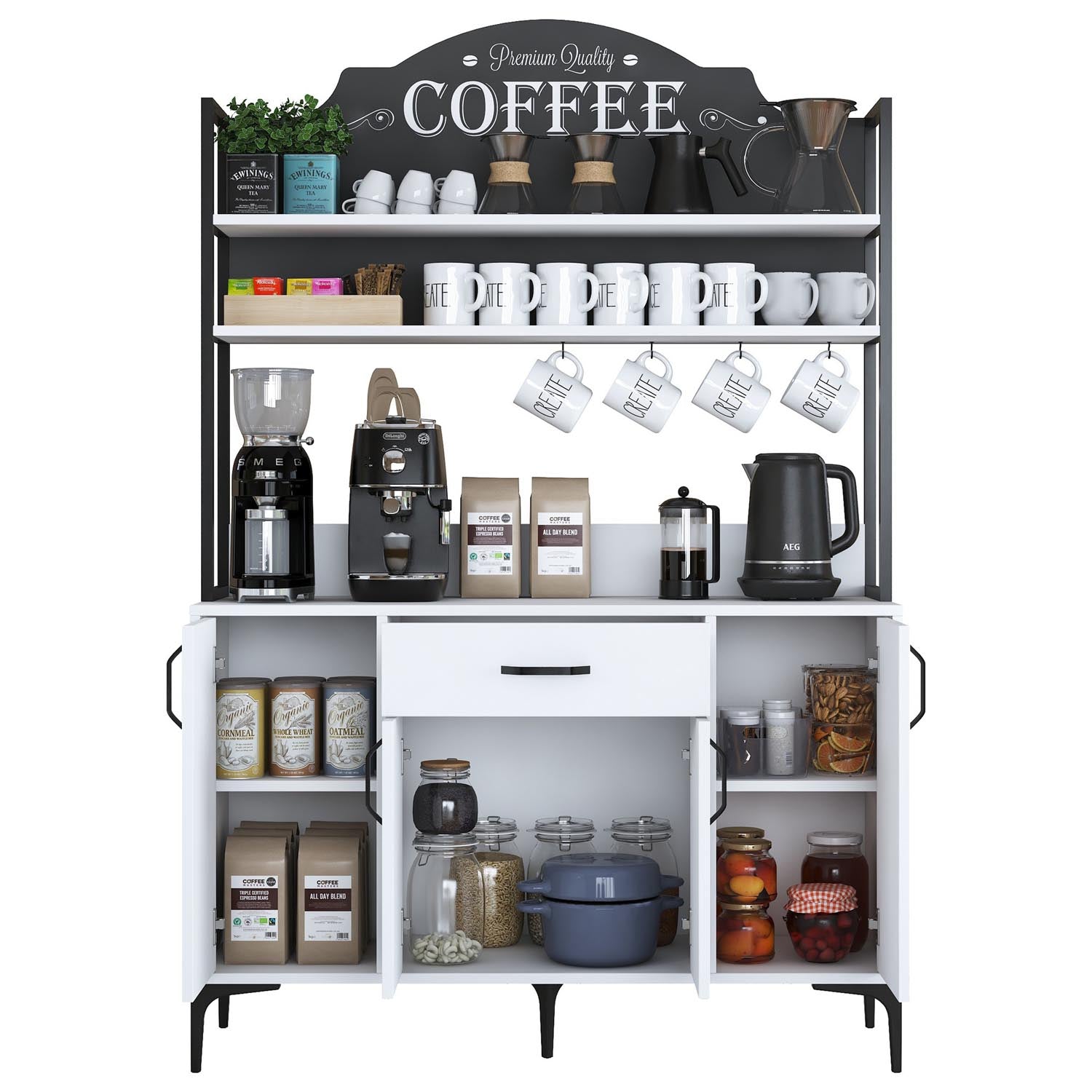 Gestalten Sie Ihr Zuhause neu mit dem stilvollen JE130 Mehrzweckschrank in Weiß von Hanah Home – ideal für Ordnung und elegantes Design.