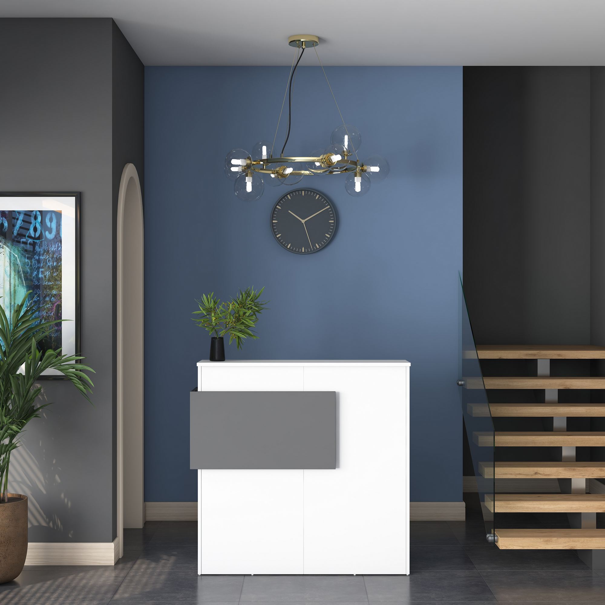 Moderner Empfangstisch MA102 in Weiß und Marmor von Hanah Home. Perfekt für einladende Büros und Empfangsbereiche. Langlebig und stilvoll.