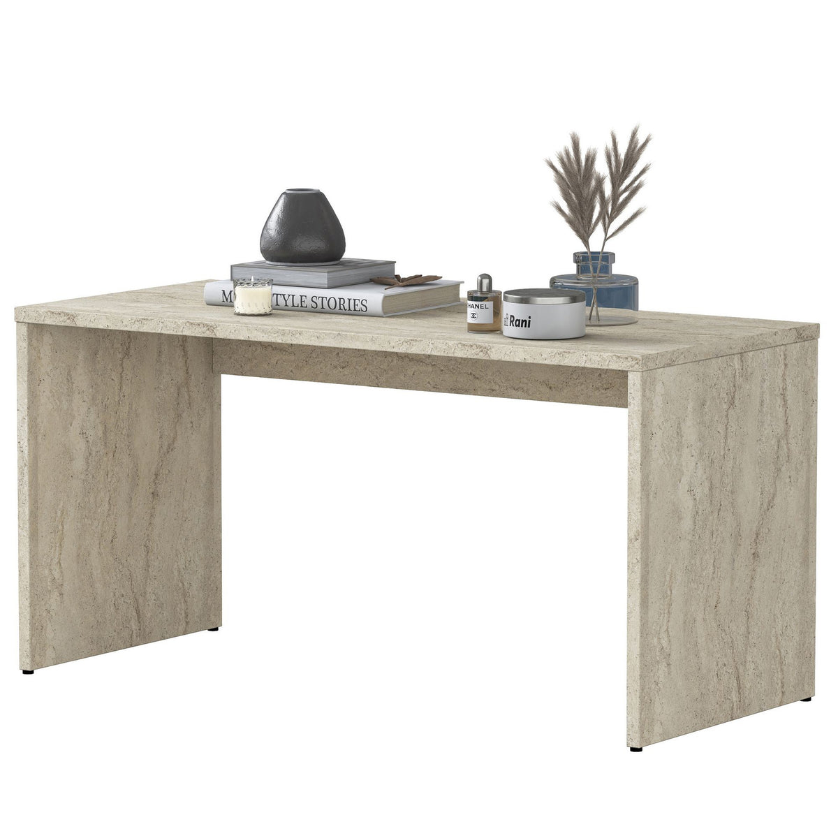 Dreiteiliges Couchtisch-Set in Travertin-Optik von Hanah Home, bestehend aus einem grossen Tisch und zwei kleineren Beistelltischen aus melaminbeschichteter Spanplatte.