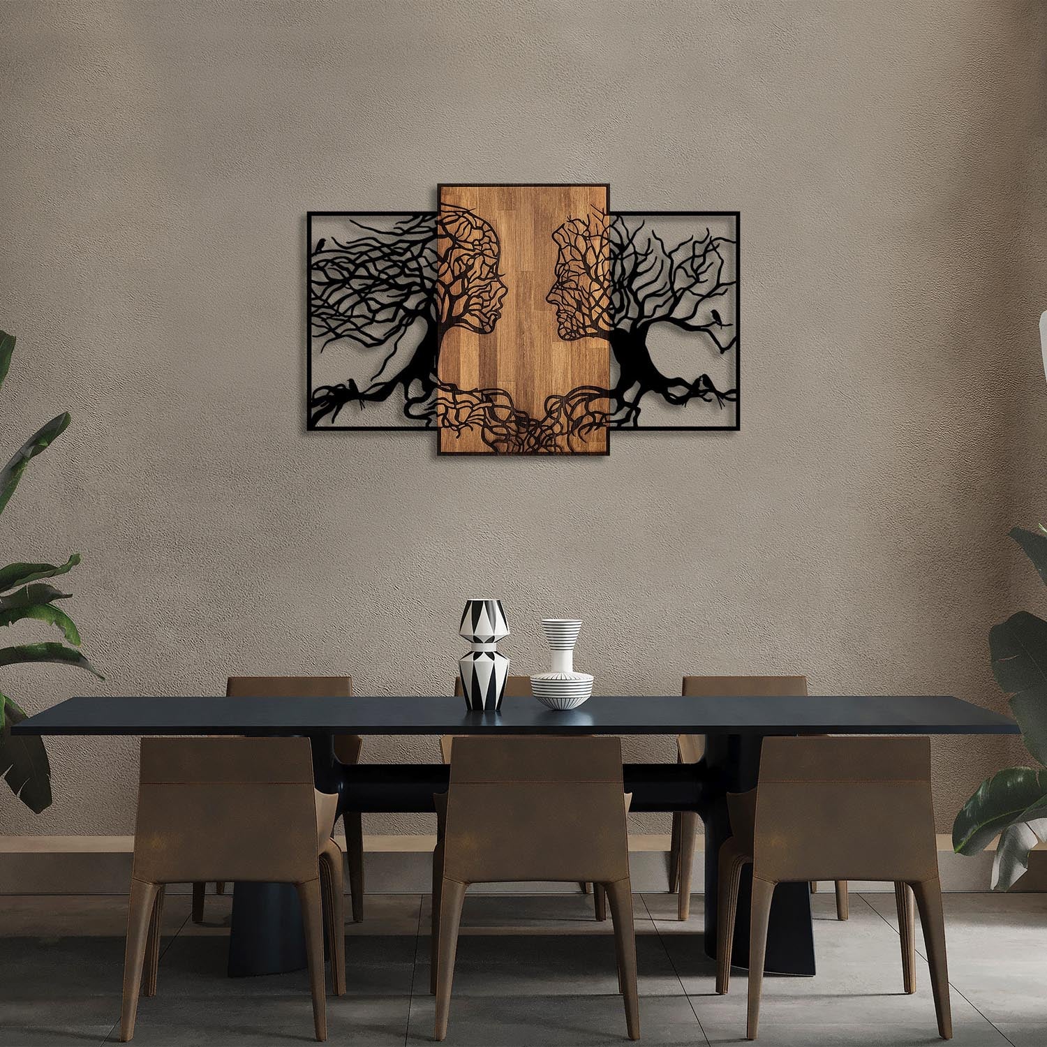 Verleihen Sie Ihrem Zuhause mit der Tree Love Wanddeko in Schwarznuss von Wallity einen Hauch von Eleganz und Natur. Ein einzigartiges Kunstwerk!