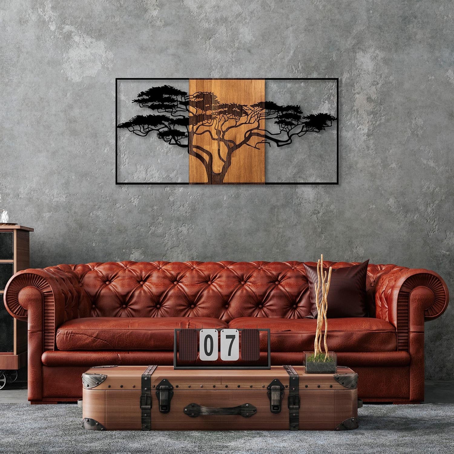 Entdecken Sie die Acacia Tree Wanddeko in Schwarznuss von Wallity – ein einzigartiges Kunstwerk aus Holz und Metall, das jedem Raum Stil verleiht.