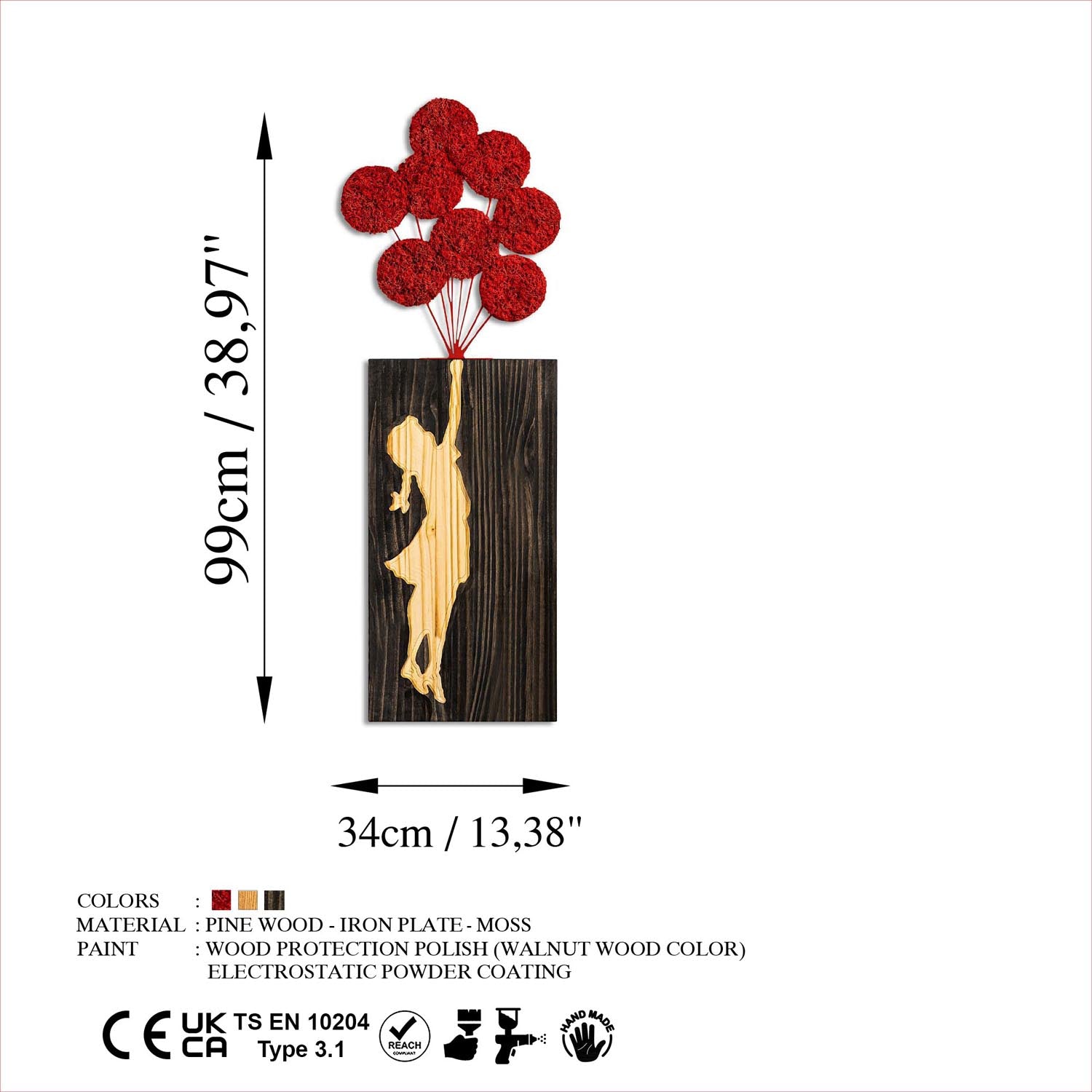 Entdecken Sie die Banksy Wanddeko von Wallity in edlem Walnuss, Braun und Rot – ein einzigartiges Holzaccessoire, das jeden Raum stilvoll aufwertet.