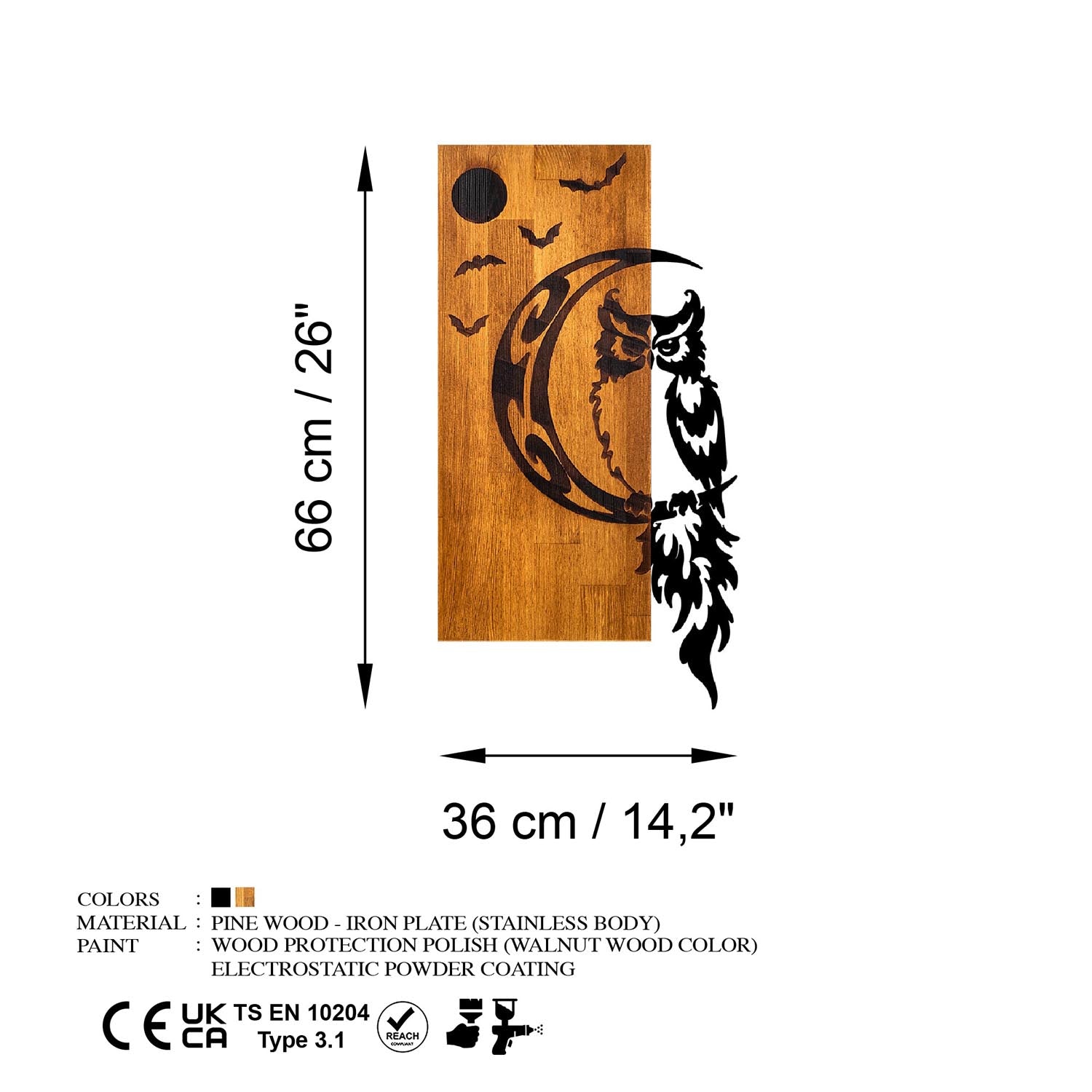 Entdecken Sie die Owl Wanddeko von Wallity in Walnuss Schwarz – ein handgefertigtes Kunstwerk aus echtem Holz, das Eleganz und natürliche Schönheit in Ihr Zuhause bringt.