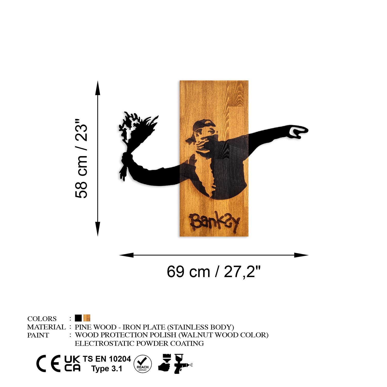 Entdecken Sie die Banksy Wanddeko in Walnuss Schwarz von Wallity – ein stilvolles Holzkunstwerk, das jeden Raum in eine kreative Oase verwandelt!