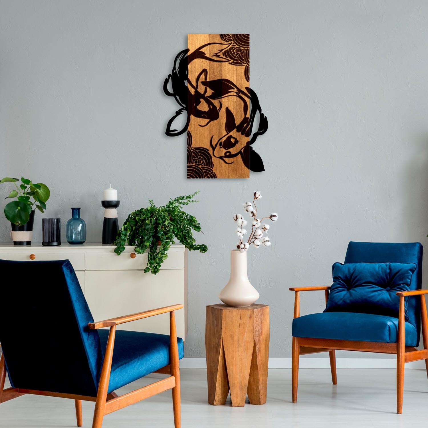 Verleihen Sie Ihrem Zuhause mit der Fish Yang Wanddeko in Walnuss Schwarz von Wallity einen Hauch von Eleganz und natürlicher Schönheit.