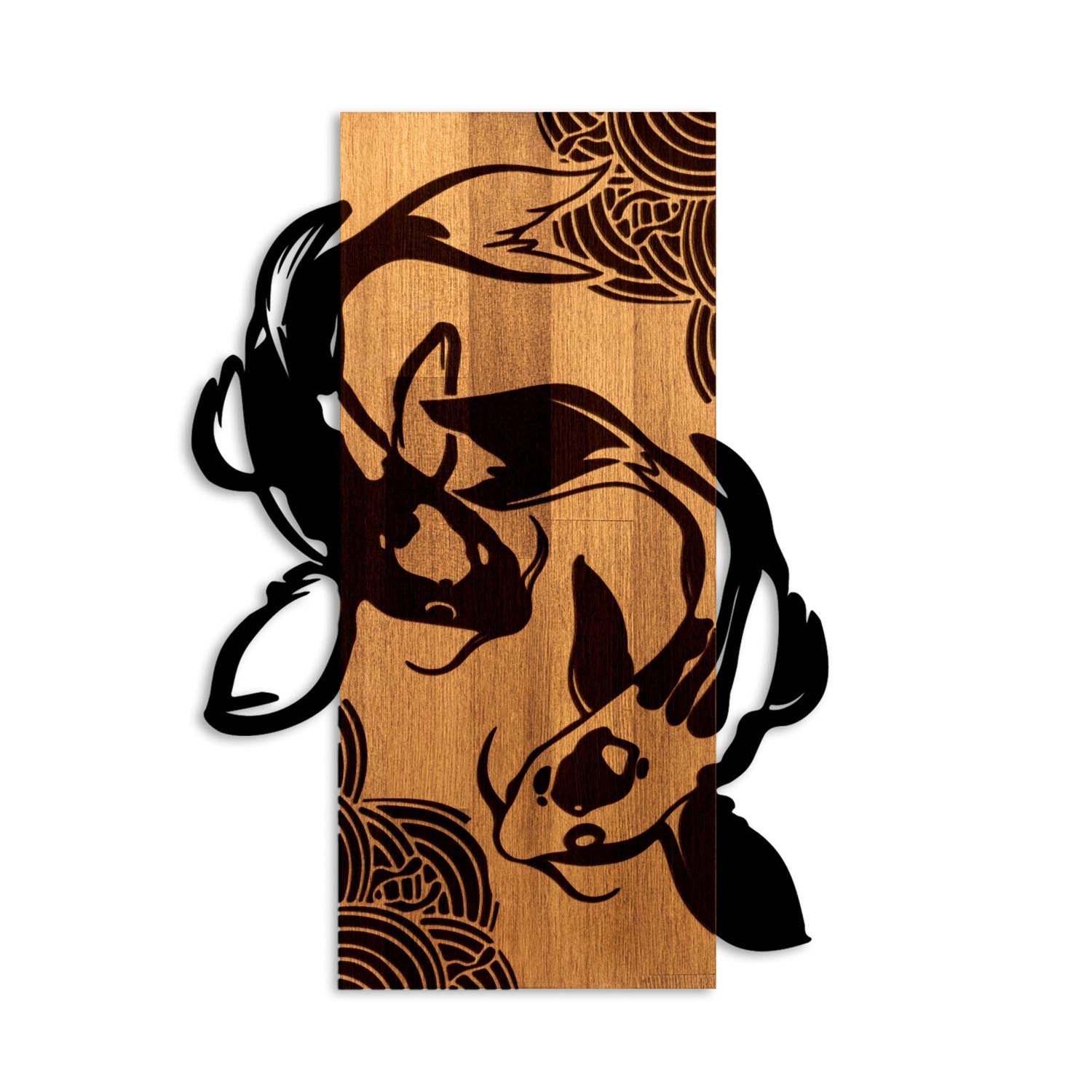 Entdecken Sie die Fish Yang Wanddeko in Walnuss Schwarz von Wallity – ein einzigartiges Holz-Metall-Design, das jedem Raum Stil und Charakter verleiht.