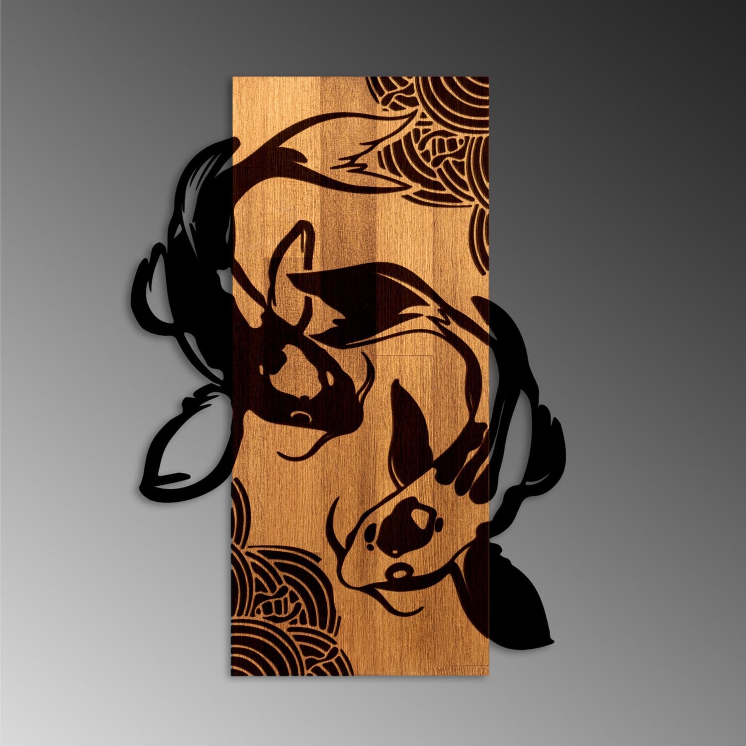 Verleihen Sie Ihrem Zuhause mit der Fish Yang Wanddeko in Walnuss Schwarz von Wallity einen Hauch von Eleganz und natürlicher Schönheit.