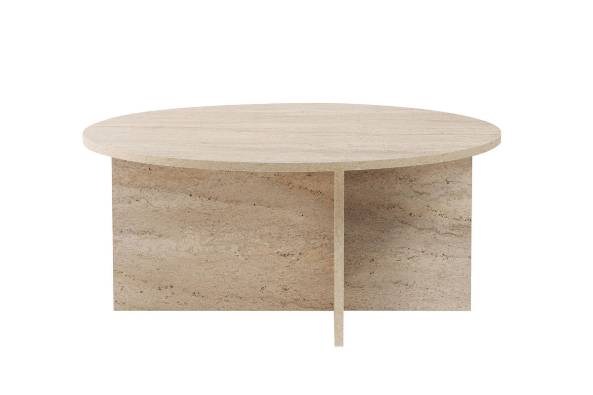 Quadratischer Couchtisch in Travertin-Optik aus melaminbeschichteter Spanplatte, schlichtes Design, Masse 90x90x40 cm, Hersteller Nordure.