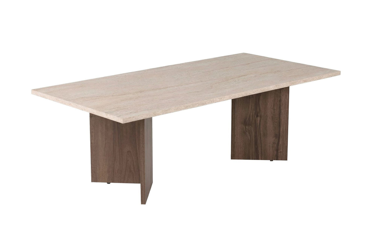 Couchtisch aus melaminbeschichteter Spanplatte in Travertin-Optik mit Venezia-Walnuss-Dekor, rechteckige Form, schlanke Beine, Nordure Sabin Serie.