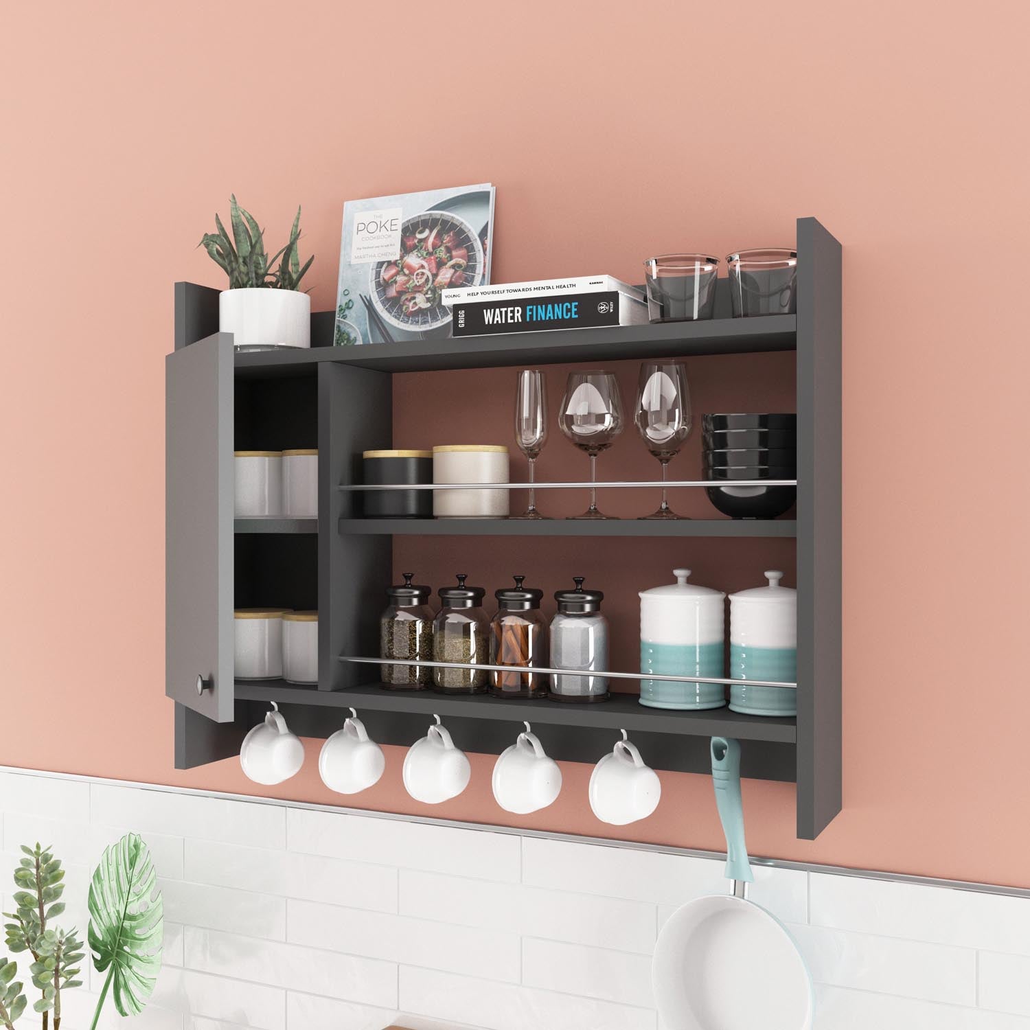 Verleihen Sie Ihrer Küche mit dem Knerr Wandregal in Anthrazit von Hanah Home einen modernen Look. Praktisch und stilvoll für optimale Organisation!