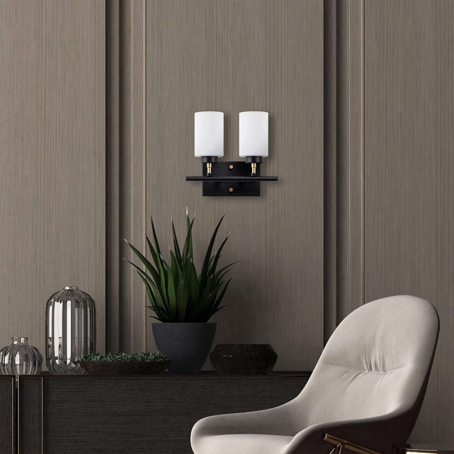 Elegante Yensuk Wandleuchte in Schwarz, Gold und Weiß von Opviq. Verleihen Sie Ihrem Raum mit sanftem Licht und modernem Design einen Hauch von Luxus.